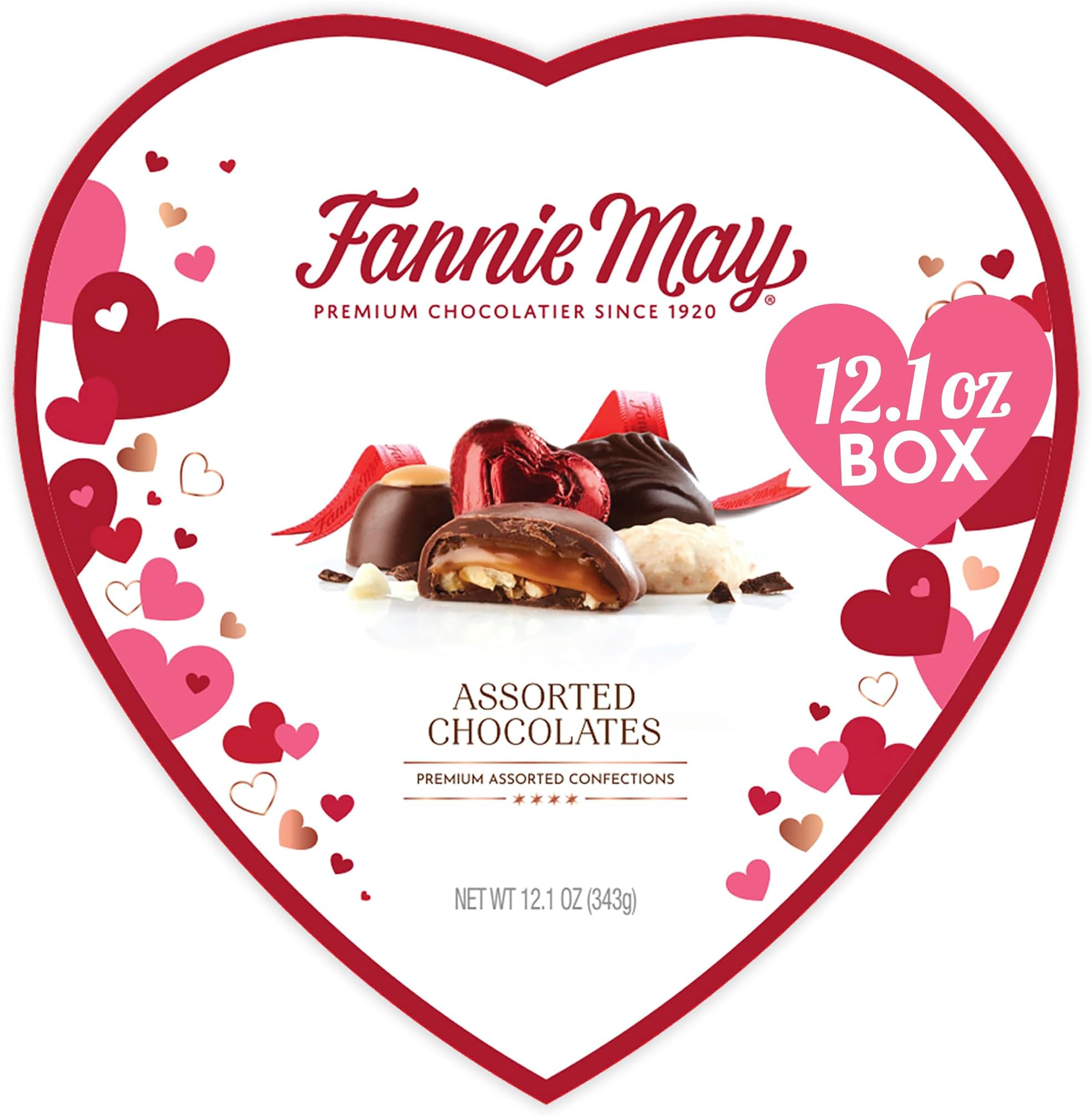 Fannie May Assorted Chocolate Valentine's Candy, Heart Gift Box, 12.1 Oz