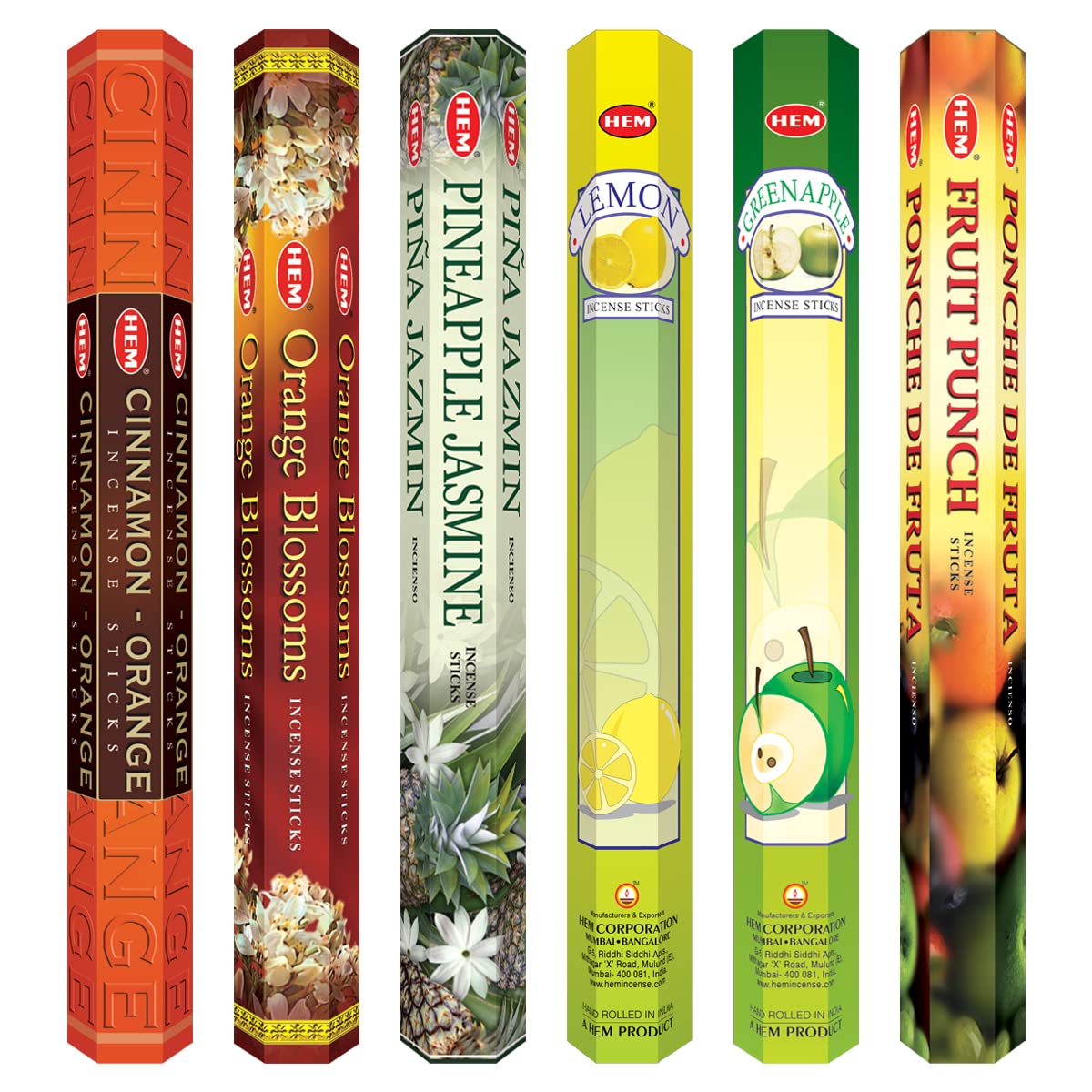 HEM Fruit Collection Incense Sticks | Fruit Punch, Pineapple Jasmine, Orange, Lemon, Green Apple, Cinnamon Orange | Ideal for Puja, Meditation & Pooja Room | Burns 35-40 Min | Pack of 120 Agarbatti