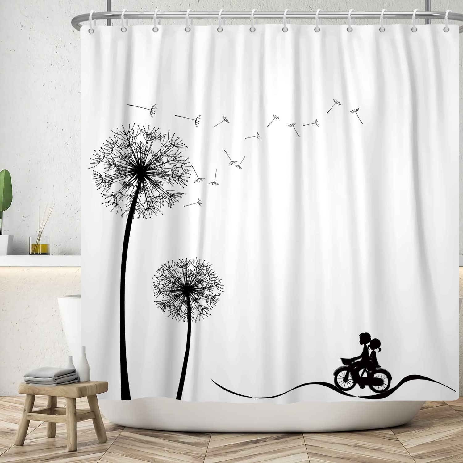Ttincceer 183x183cm Dandelion Shower Curtain Black White Dandelion Plant Bath Curtain Young Couple Cycling Silhouette Shower Curtains Simple Modern Waterproof Bathtub Curtain — image 1