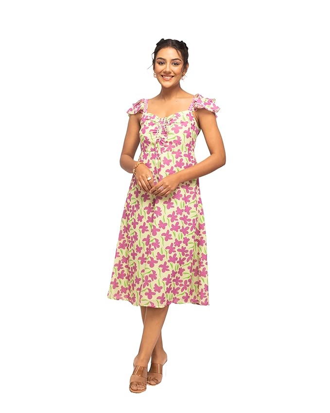 FIORRA Women's Fit And Flare Knee Length Georgette Floral Printed Knee-Length Dress