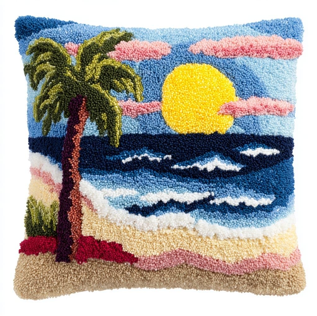 WallustrioaW Latch Hook Kits Pillow Printed Cushion,Coconut Trees by the sea,Needlework DIY Hook Latch Kit Pillowcase Cover Home Sofa Christmas Decoration,17x17in