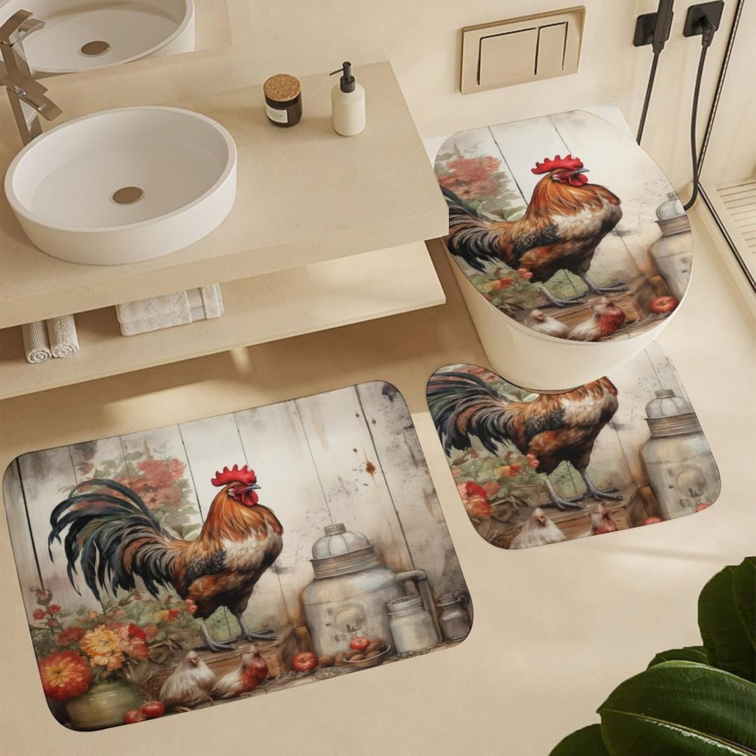4 Piece Bathroom Rug Set with Shower Curtain Non-Slip Rugs and Toilet Mat Lid Rug Accessories It's Just Chicken Time Waterproof Shower Curtain Chicken Gifts for Bathroom Decor Set