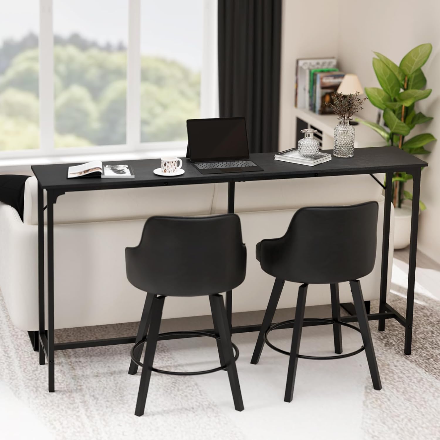71 inch Black MDF & Iron Bar Table Set - Truncated Style, High - Density MDF Top, Iron Frame, Adjustable Feet, Waterproof, Scratch - Resistant, Ideal for Home Bars, Seating Areas & Home Decor