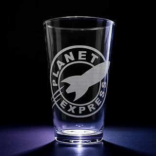 PLANET EXPRESS FUTURAMA Engraved 16oz Beer Pint Glass | Rim Tempered | Phillip Fry Bender Leela Zoidberg Nibbler Funny Humor Animated TV Animation | Barware Decor Gift