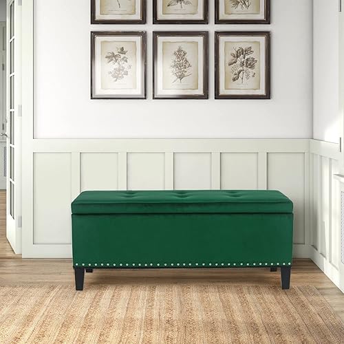 Miniatura 5 de Adeco Otomana rectangular de almacenamiento, banco de terciopelo copetudo en el extremo de la cama con remache, taburete reposapiés, mesa de café