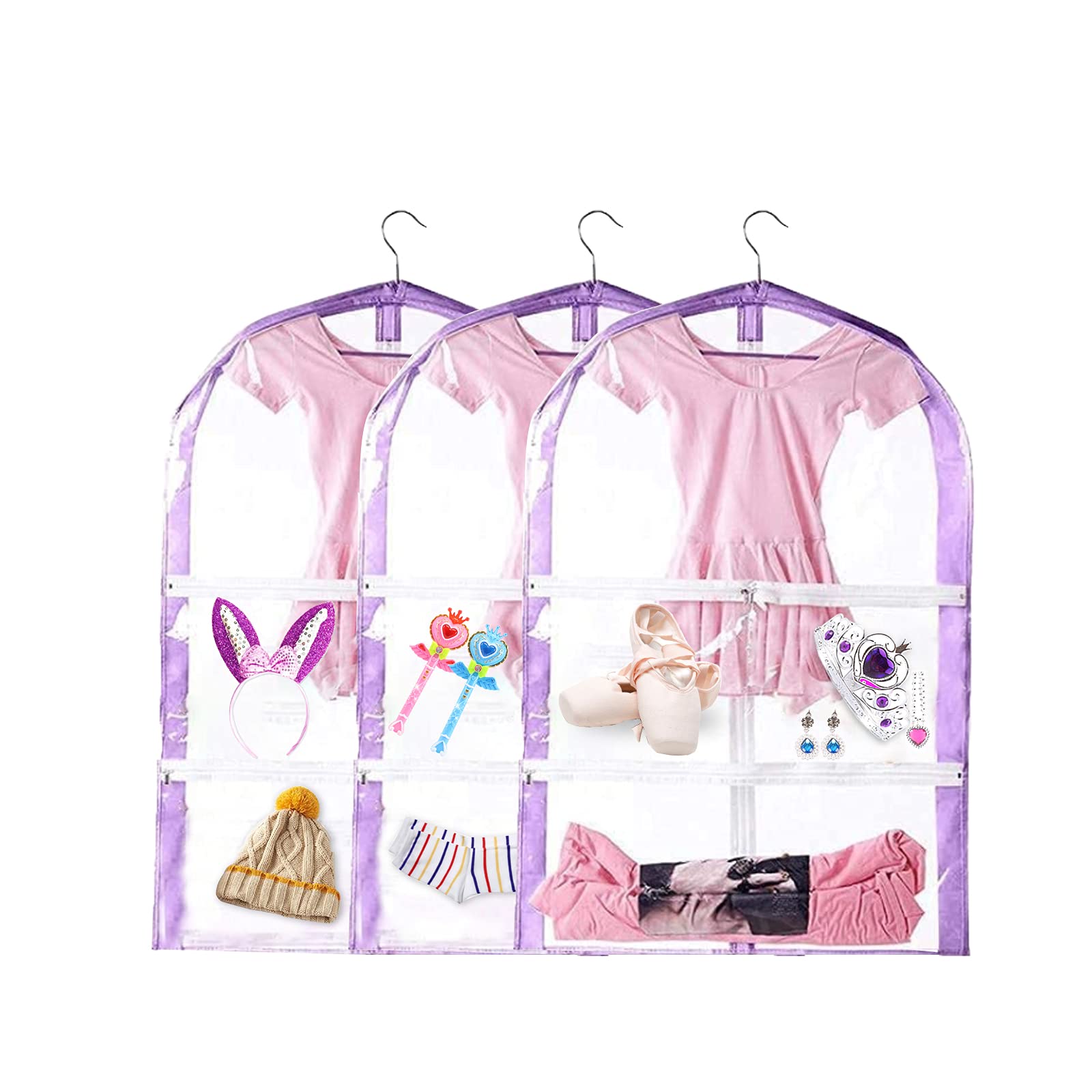 Clear Kids Dance Costume Garment Bag,3 Pack Garment Bags for Hanging Clothes,Garment Bag for Travel Storage,Dress Up Storage Bag for Children Girls