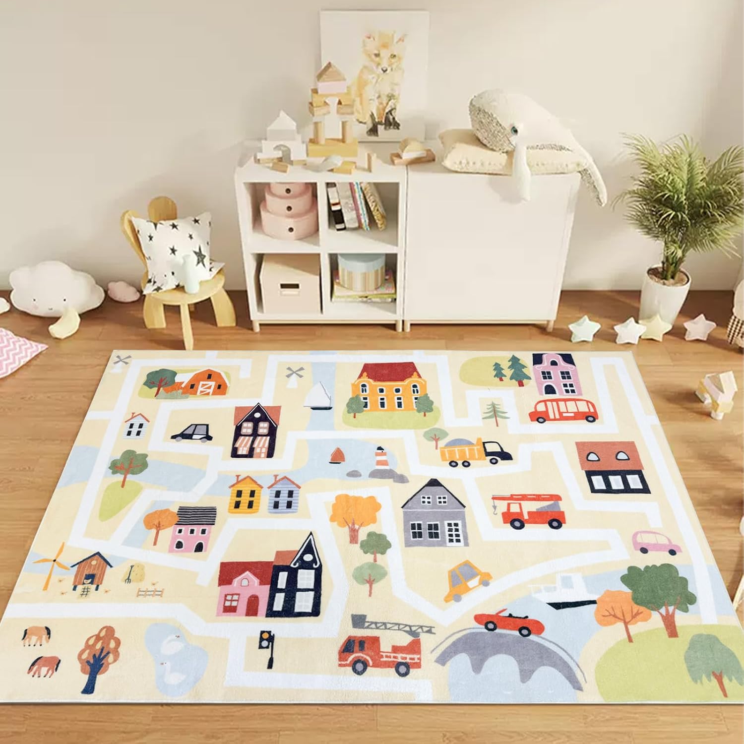 ABREEZE Cartoon House Engineering Vehicle Rug Game Carpet for Boys and Girls Bedroom Living Room Decoration Rug Imitation Cashmere Soft Fluffy Non-Slip Washable, 47"x71"