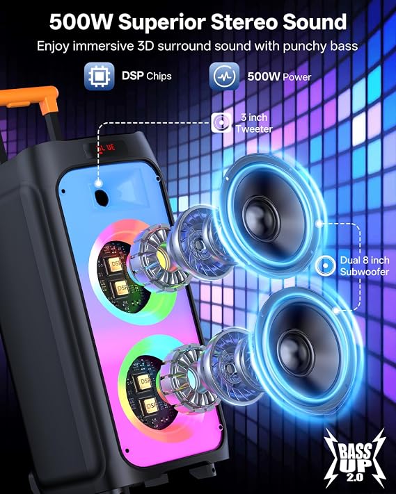 HWWR 500W Karaoke Machine with Trolley Wheels and 2 Wireless Mics | Dual 6.5