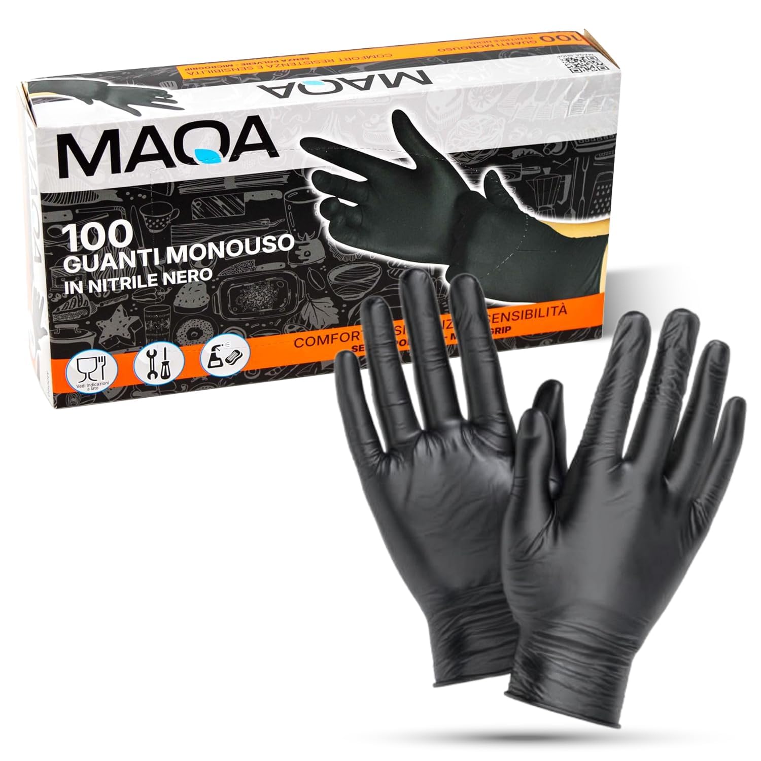 MAQA 800 Guanti Nitrile Neri Monouso | NO LATTICE, NO POLVERE | DPI Cat. III & Dispositivo Medico Classe I | Uso Professionale, Medico, Alimentare, Tattoo, Pulizie | Presa Microgrip, Taglia L