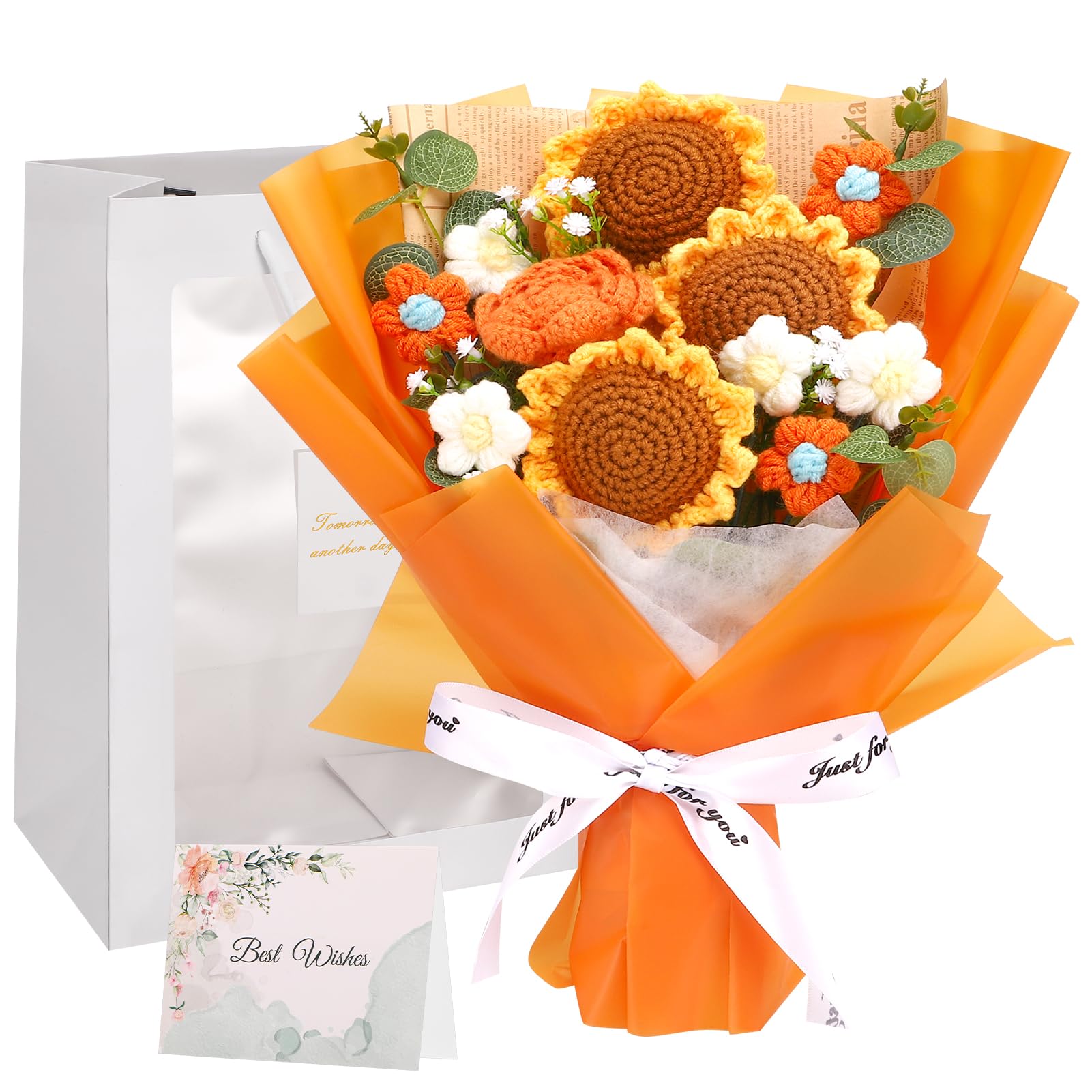 Crochet Flowers Bouquet, Hand Knitted Sunflower & Rose Flowers, Gift Set