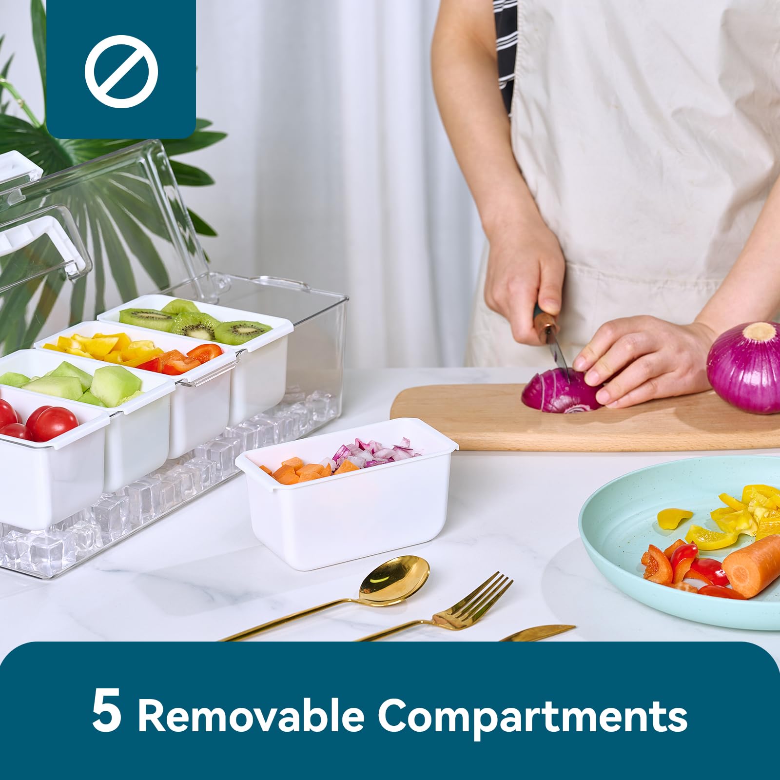 Lot de 2 plateaux à condiments réfrigérés avec 5 compartiments amovibles et poignée cachée, organisateur de condiments glacés, plateau de service transparent pour camping, fruits, salade