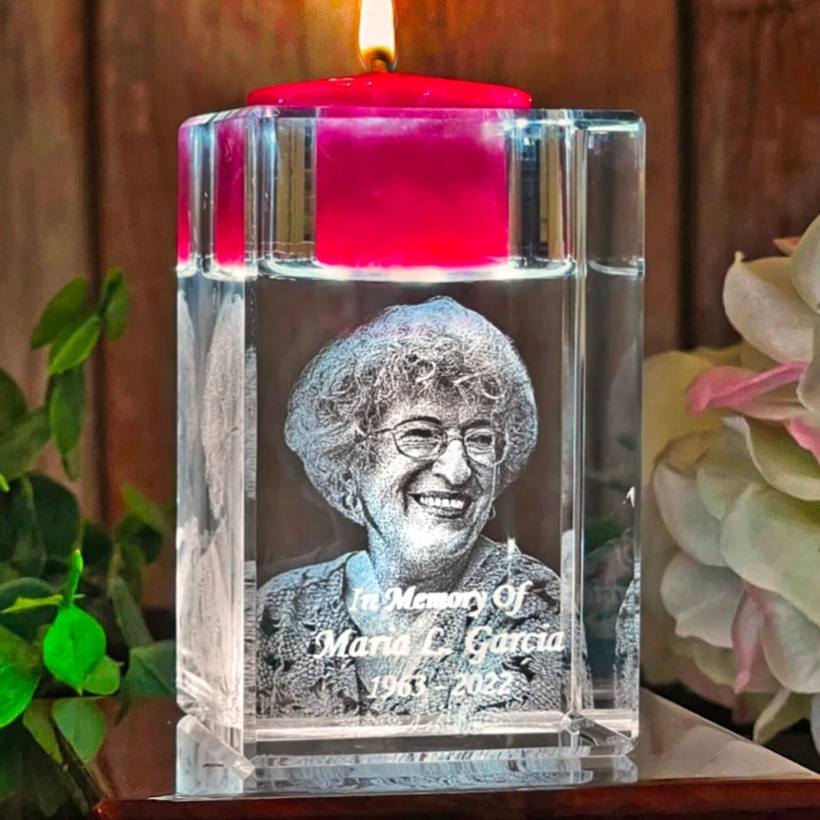 MXN Personalisierter 3D-Foto-Kristall-Kerzenhalter Mit Bild, Gravur - Geschenk für Geburtstag, Weihnachten, Muttertag (3D, 5 x 12 cm)