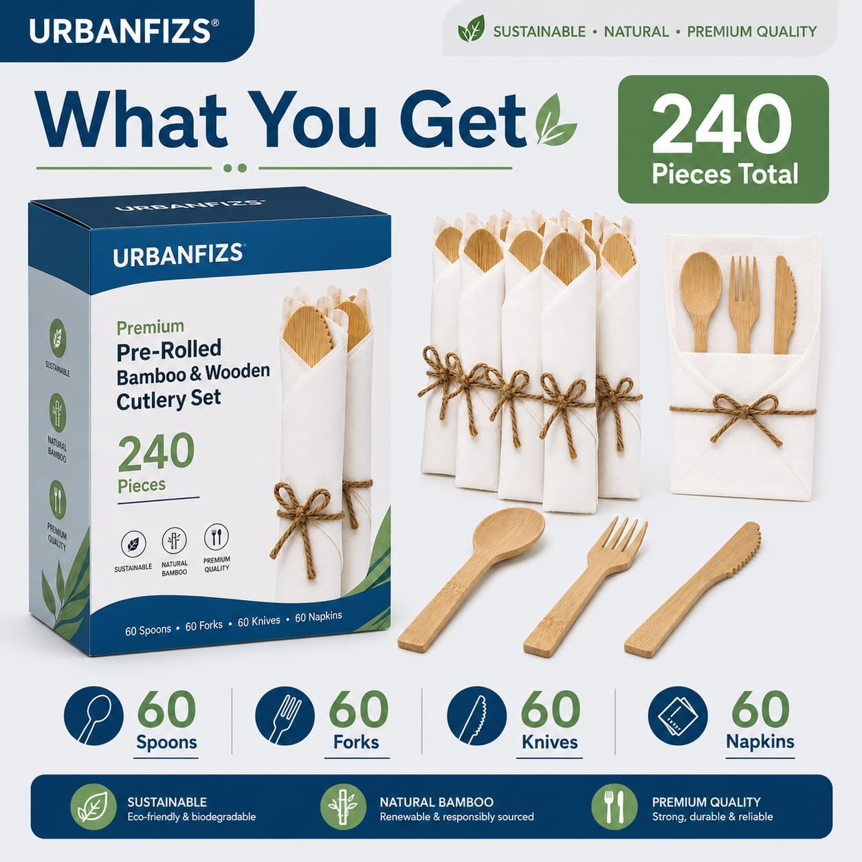 Bamboo & Wooden Cutlery Set Pre-Rolled | Individually Wrapped Bamboo Forks, Spoons & Disposable Knives with Compostable Napkins | Eco-Friendly Party Utensils for Weddings, Picnics, Grazing Tables image 3