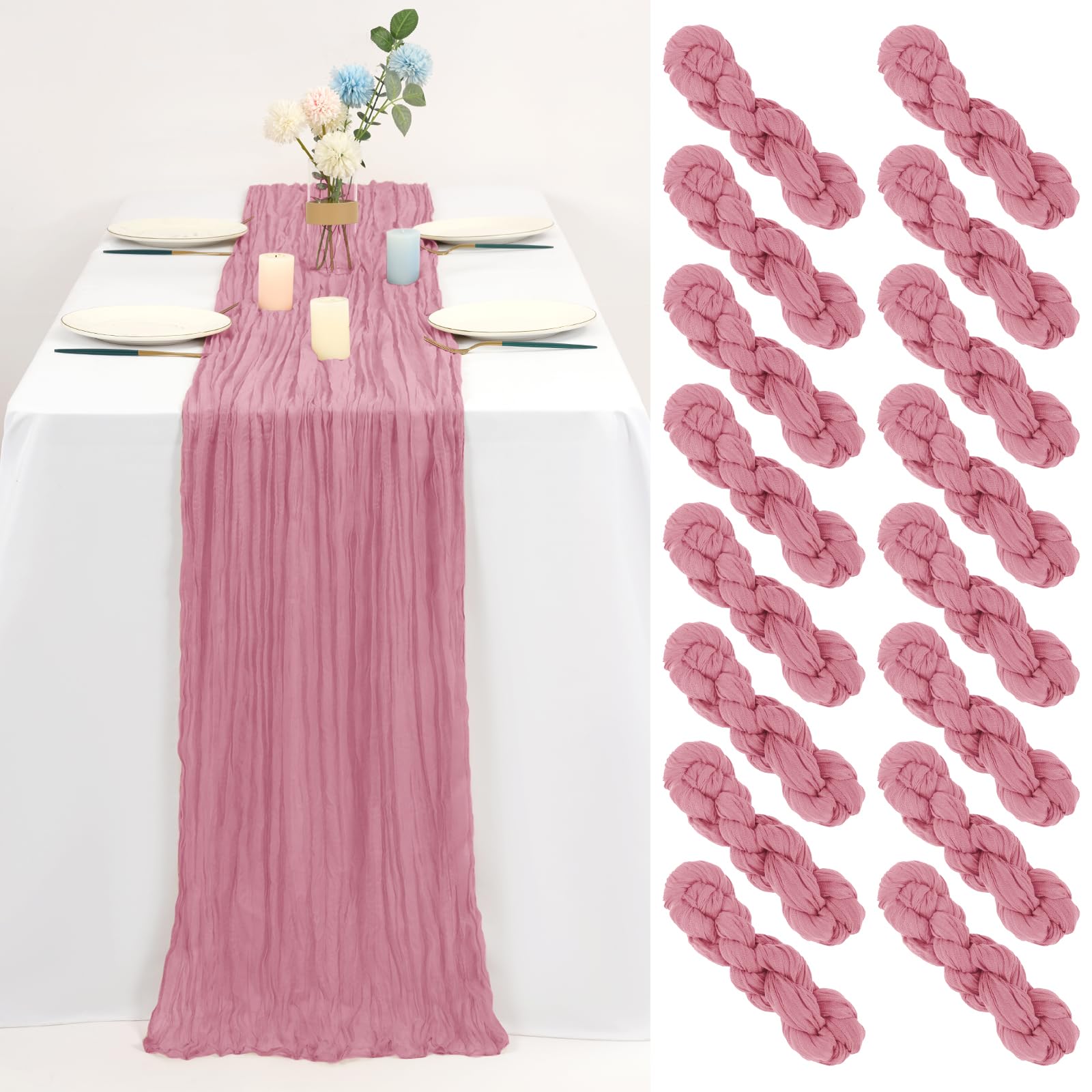 16 Pack Cheesecloth Table Runner Dusty Rose, 20 x 70 Inch Rustic Boho Gauze Wedding Table Runner, Cheese Cloth Table Runner for Wedding Party Bridal Shower Table Decoration
