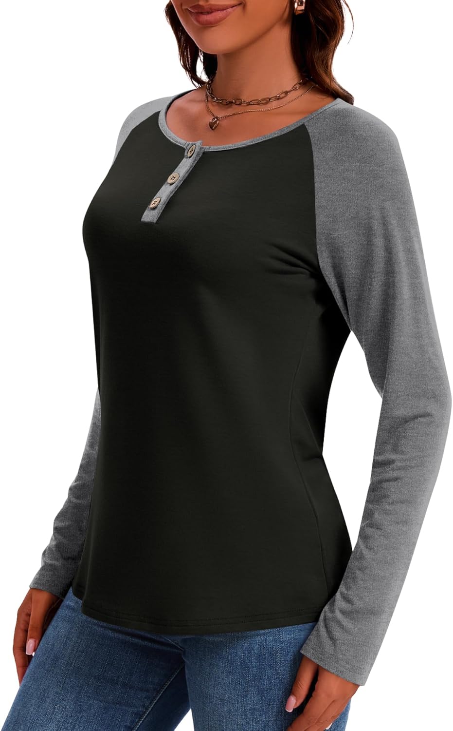 IECCP Long Sleeve Shirts for Women Casual Henley Tops Loose Fit Tshirt Dressy Color Block V Neck Button Womens Tunic Blouse - Image 6