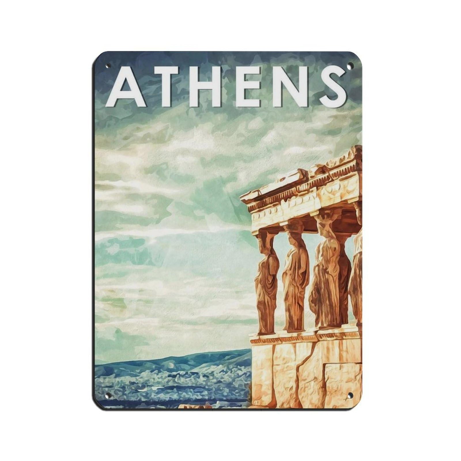Athens Travel Poster, Greece Poster Tin Sign Vintage Metal Pub Club Cafe Bar Home Wall Art Decoration Poster Retro 12x16inch(30x40cm)