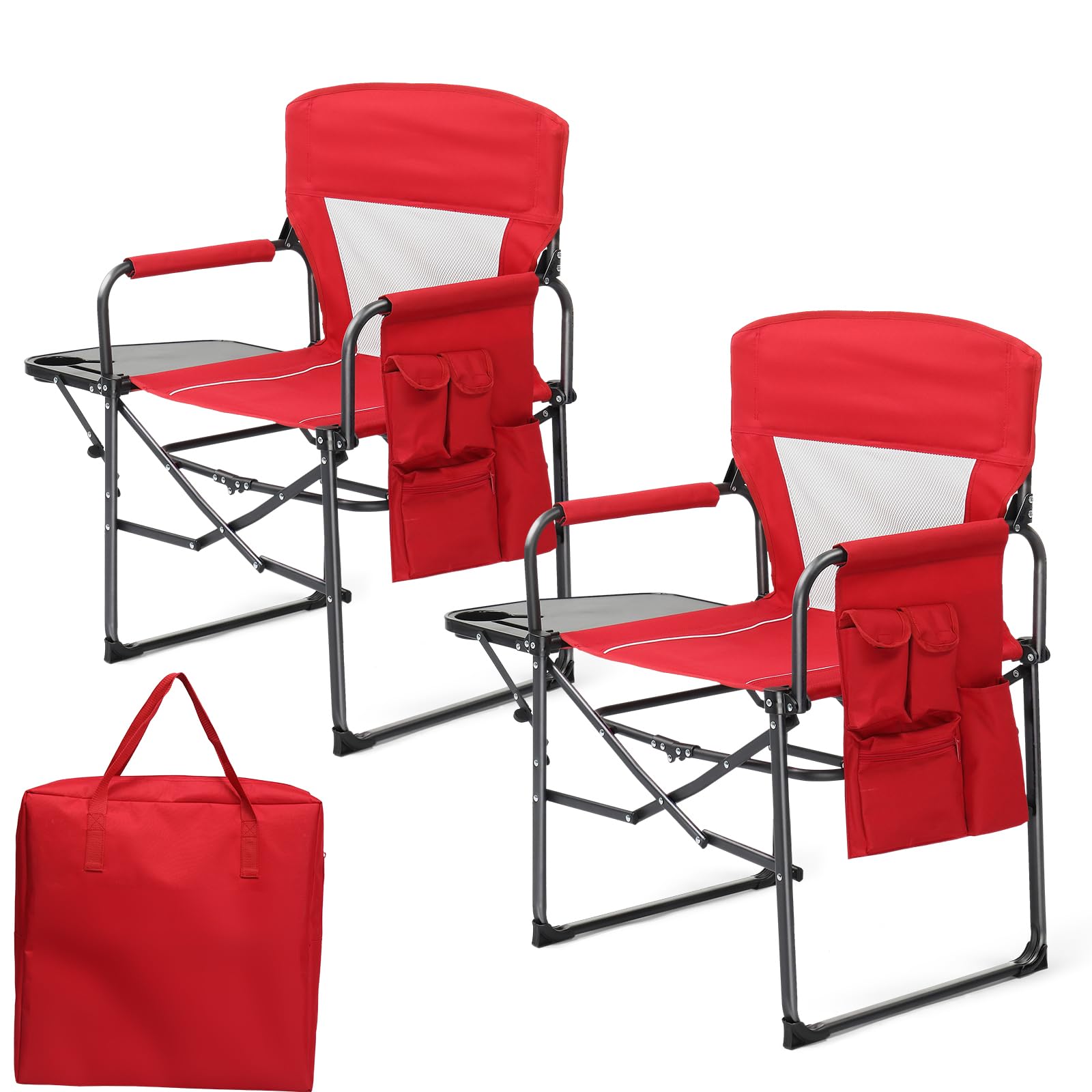 Bonnlo Camping Chairs for Adults Heavy Duty, Folding Directors Chair With Side Table, Cup Holder, Storage Pocket, Supports Up to 120KG, Portable for Outdoor Garden Fishing Festival BBQ (Red, 2pc)