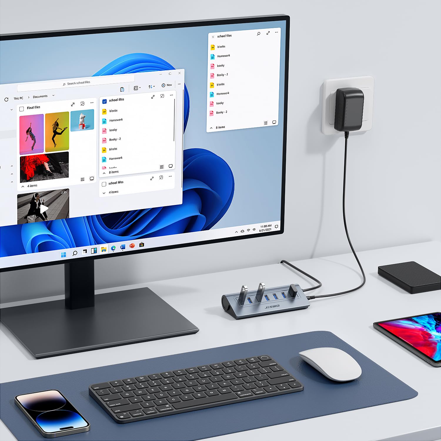 JESWO Hub USB 3.0 alimenté à 7 ports, hub de données USB en aluminium avec câble de 1 m, hub USB 3.0 alimenté avec adaptateur d'alimentation 5 V/4 A pour MacBook, ordinateur portable, lecteur flash