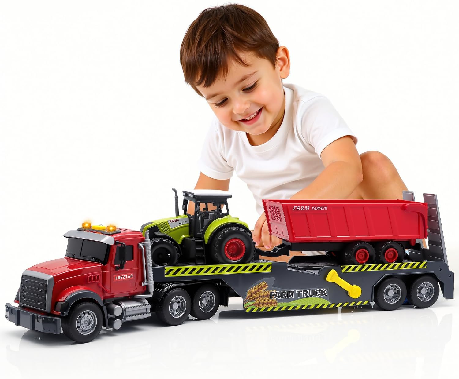 Large Flatbed 21" Semi Truck Toys for Kids with Tractor & Dump Truck,Friction Powered Vehicles Toys with Lights and Sounds,Christmas Birthday Gift Kids Boy Girls Toddlers Age 3 4 5 6 7
