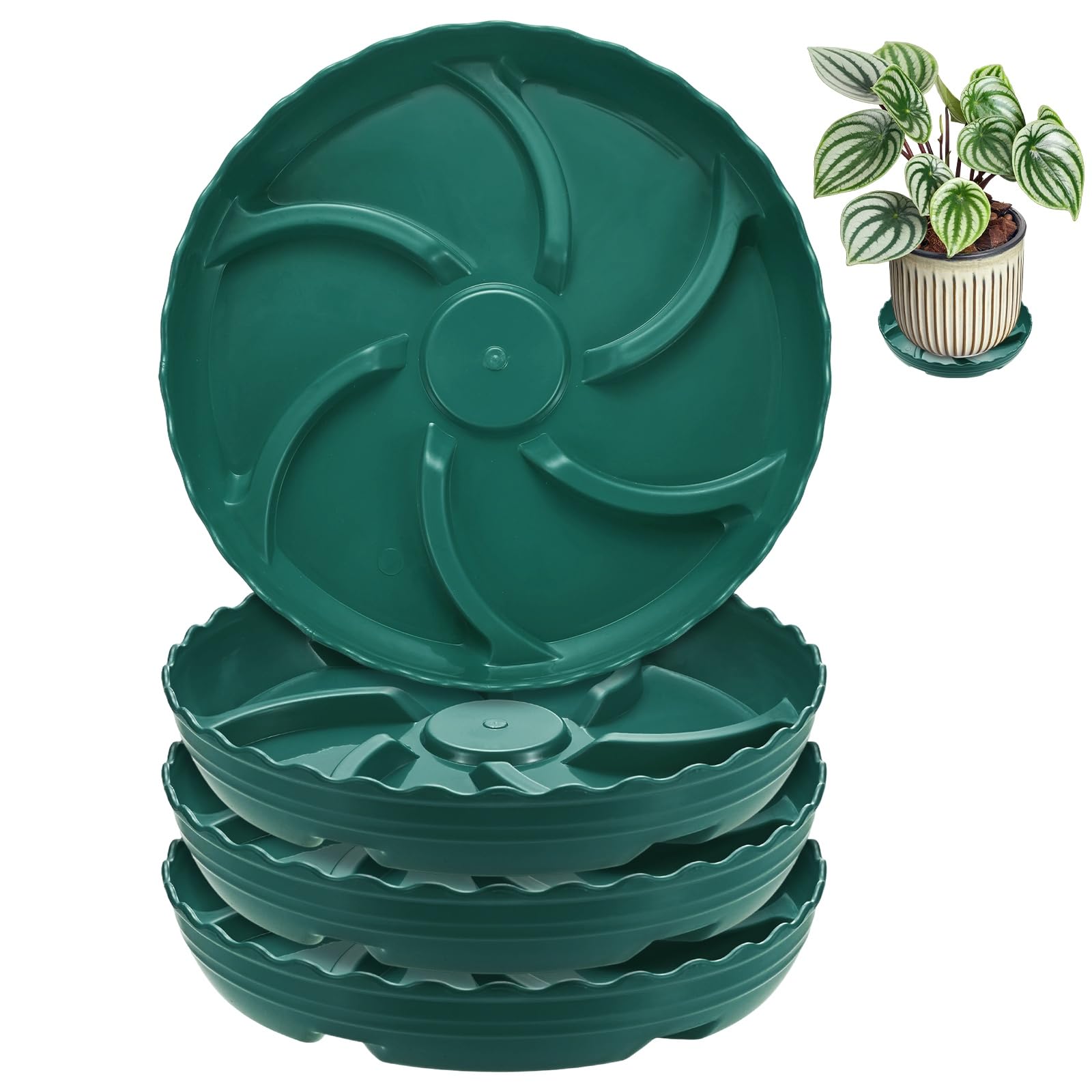 M METERXITY 4-Pack Plant Saucer, 8.3 Inch/21 cm Plastic Plant Trays Thicker for Pots/Indoor/Outdoor/Water Drainage and Protection, Flowerpot Drip Tray [Green]