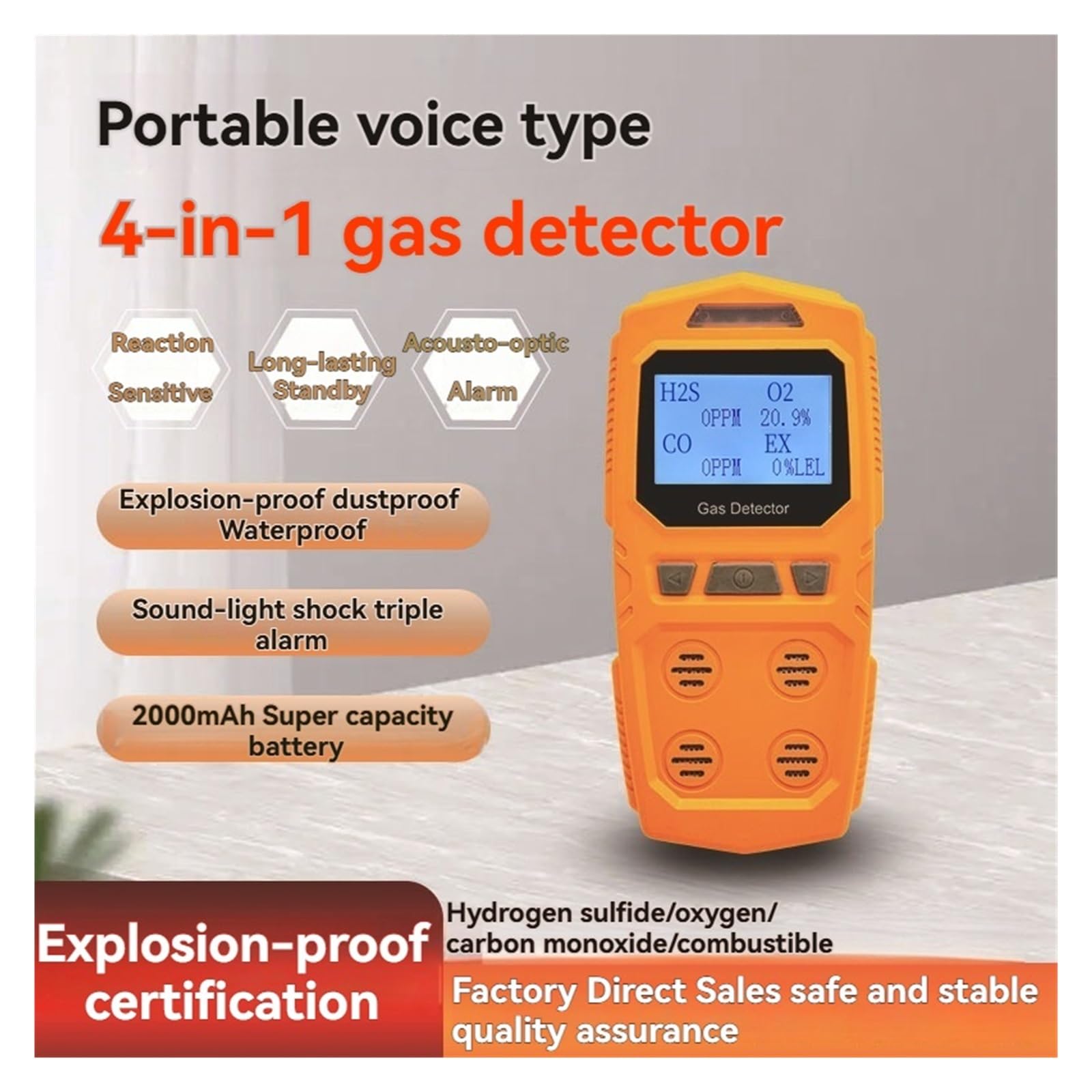 Détecteur De Gaz 4 En 1 Haute Précision - Mesureur Combustibles Et Toxiques Dangereux (O2, CO, H2S) Haute Précision