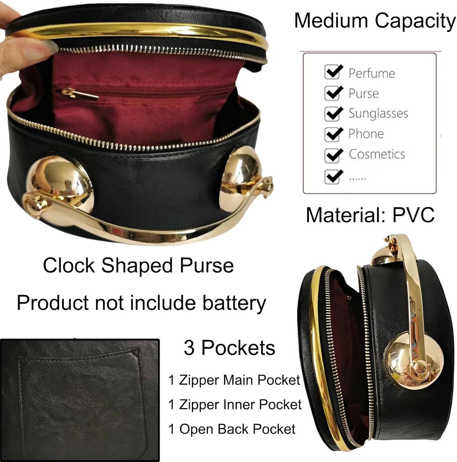 Women PVC Clock Shaped Handbag Crossbody Shoulder Bag Clock Purse - Image 5