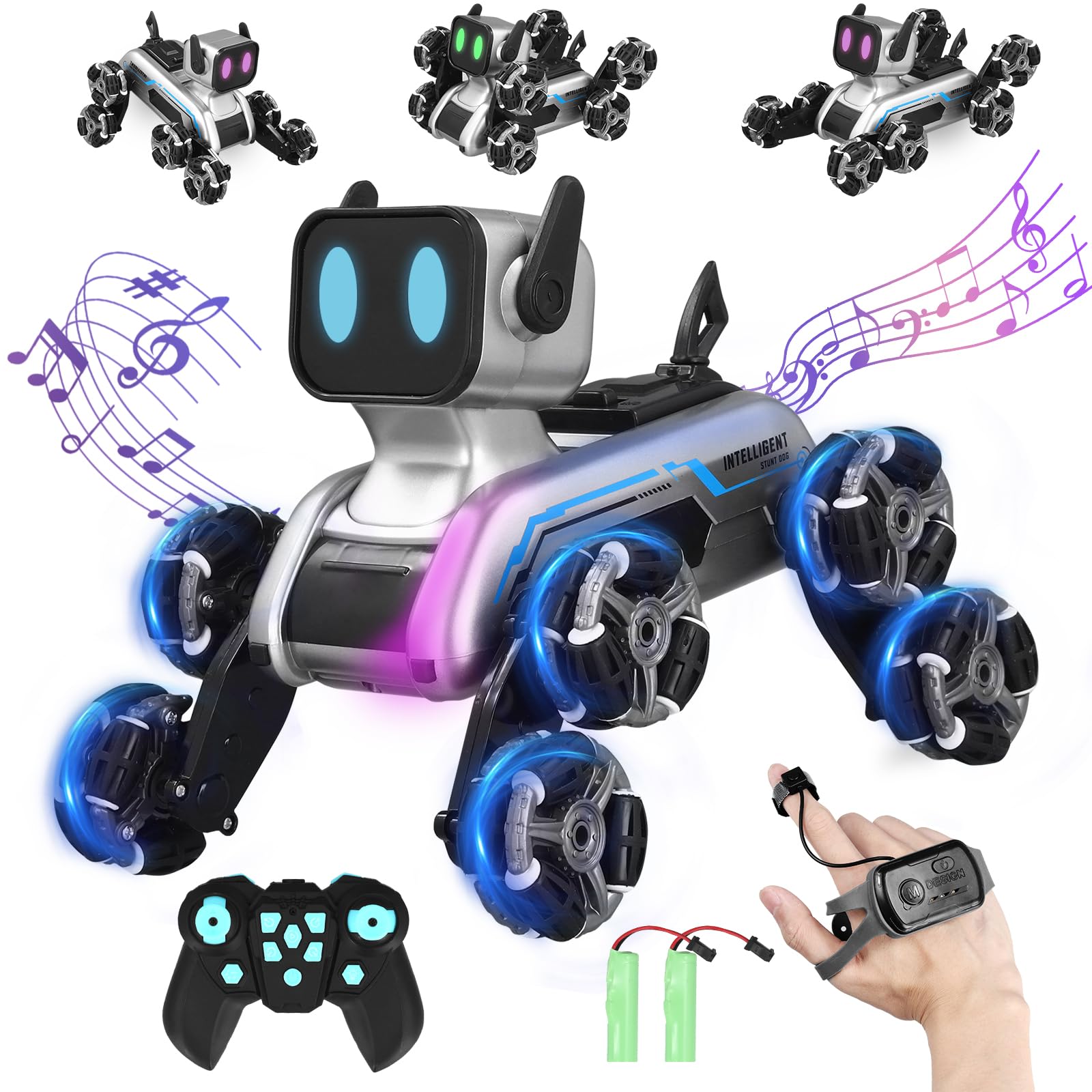 VIHBRAI Remote Control Robot Dog Toy for Kids 2.4GHz 8WD Gesture Sensing RC Stunt Car with Music LED Lights