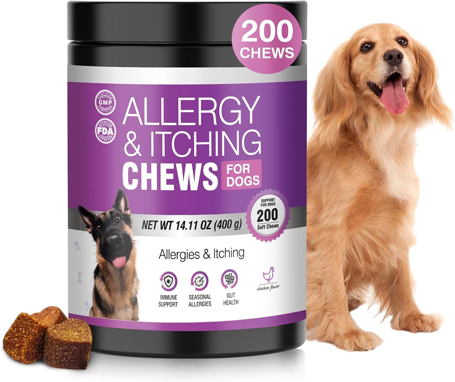 Dog Allergy Chews for Itchy Skin – Daily Immune & Digestive Support, 200 Soft Chews