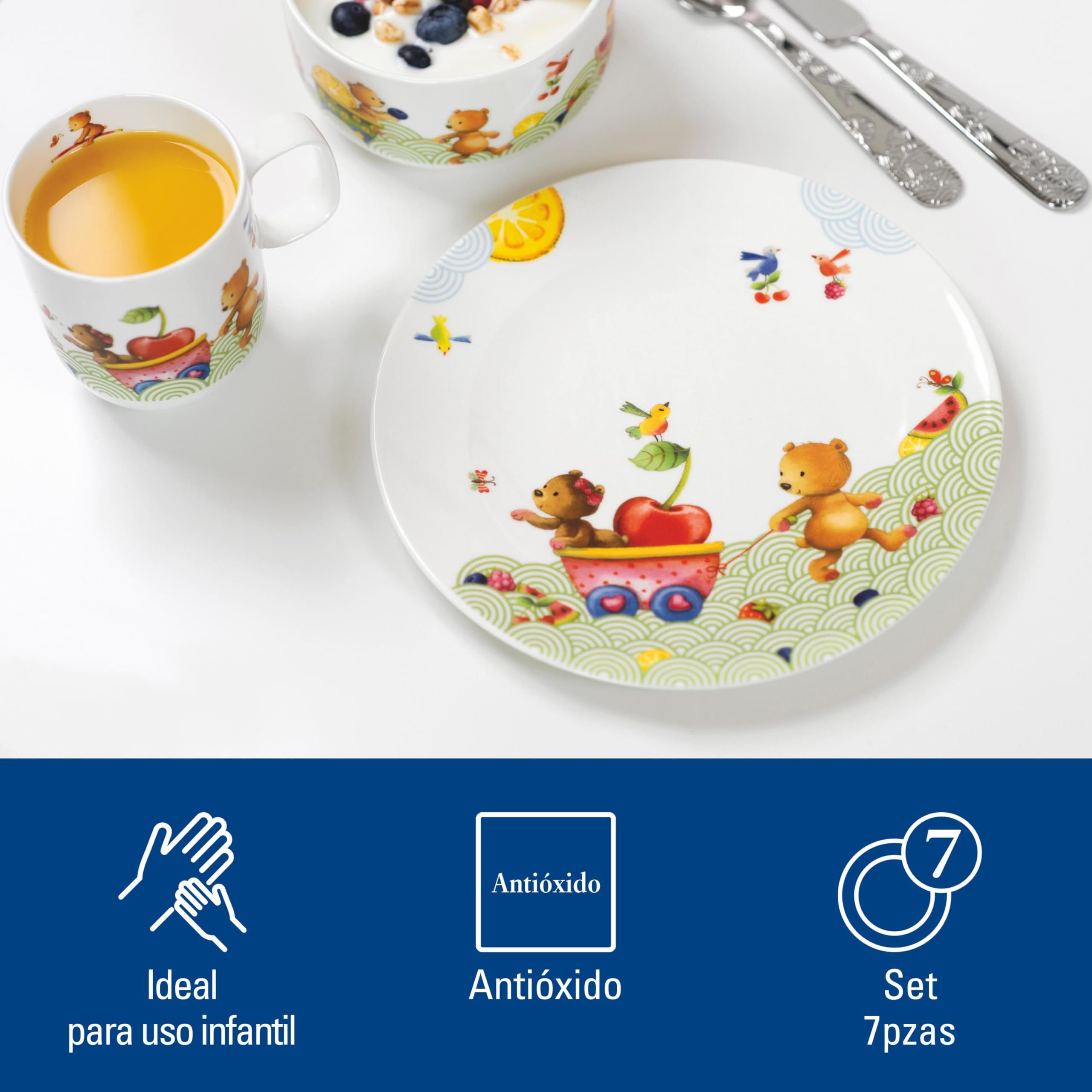 Villeroy & Boch Kiddy Bears Set De Vajilla Infantil, 7 Piezas 7 Piezas Rojo, Apto Para Lavavajillas, Vajilla Niños, Plato, Cuenco, Taza, Cubiertos, Premium Porcelain,Acero Inoxidable