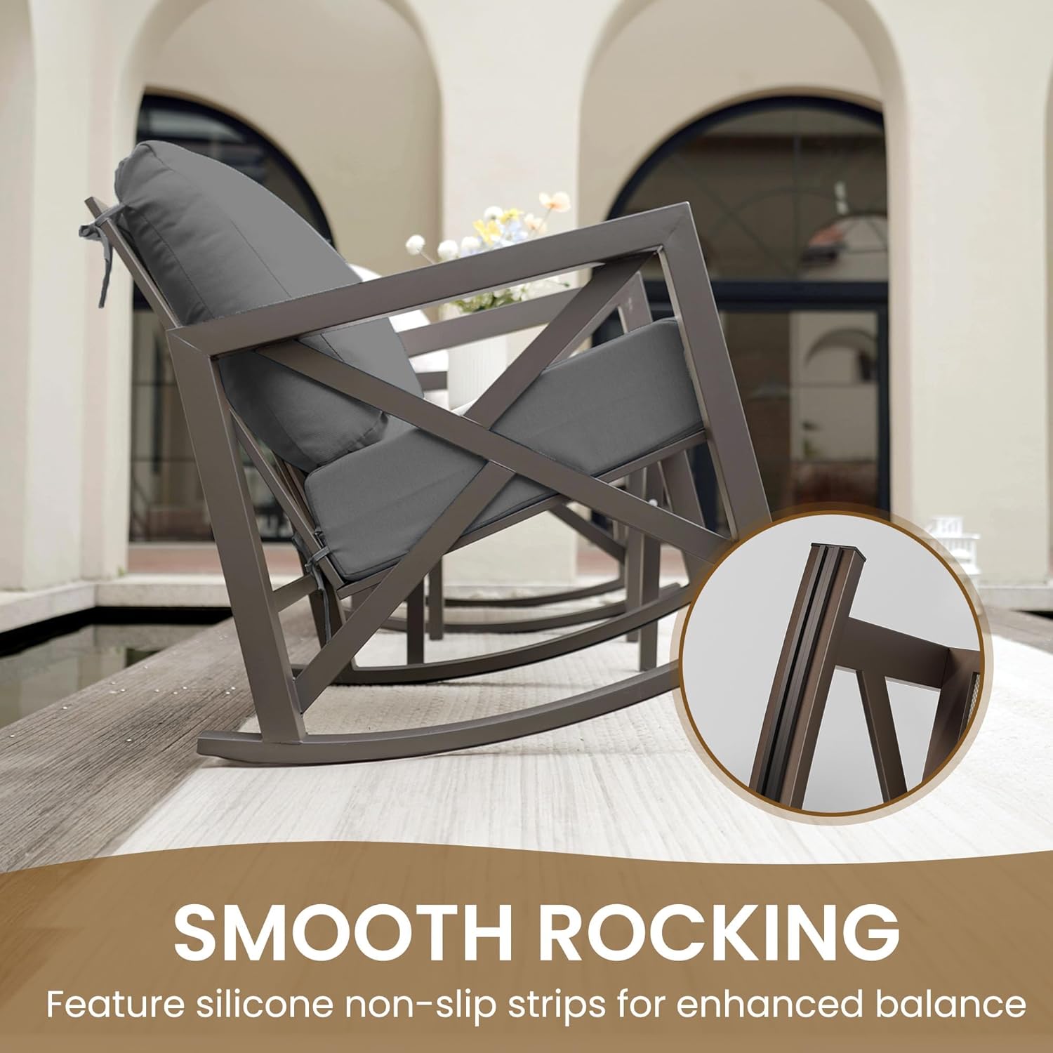 UDPATIO Outdoor Rocking Chair Set of 2 with Coffee Table, 3 Piece Metal Patio Furniture Set with 6.5" Water-Resistant Cushions, Oversized, 350lbs Heavy-Duty, for Porch, Patio, Balcony, Dark Grey