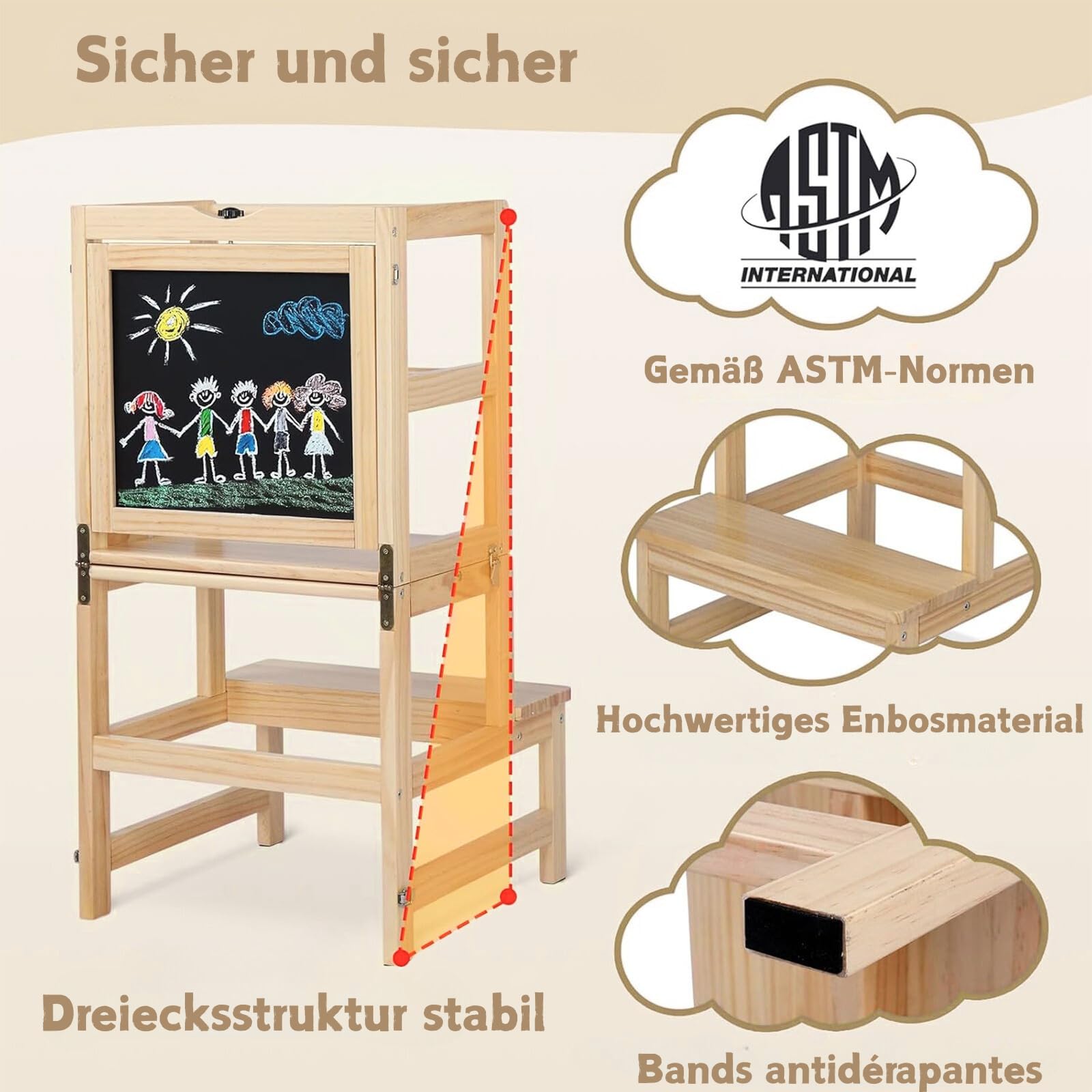 LALAHO Lernturm ab 1 Jahr，Tritthocker Holz，Lernturm Klappbar mit rutschfeste Matte，Montessori Inspiriert，Für Küche & Bad（Natur）