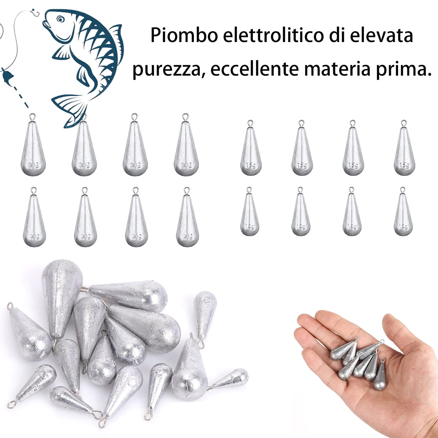 Taicols 25 Set Poids De Pêche En Plomb Argent 3.5g, 5g, 7g, 10g, 14g Pour Pêche En Eau Douce Et Salée, Drop Shot, Goutte Ou Balle