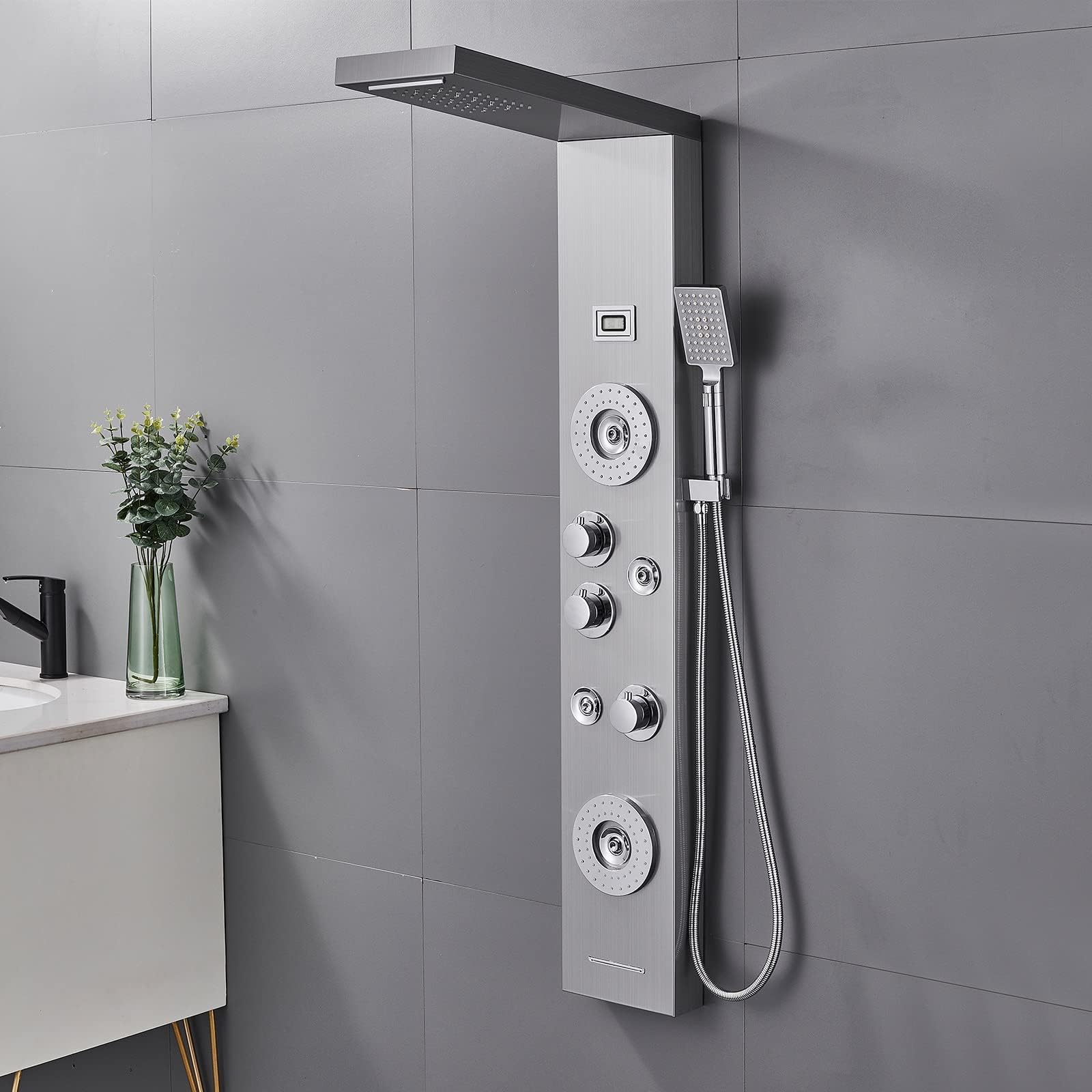 Panel de ducha LED de lluvia cepillado, 5 modos, paneles de ducha de acero inoxidable con chorros de masaje, ducha de lluvia, cascada, bañera, caño para baño, montaje en pared