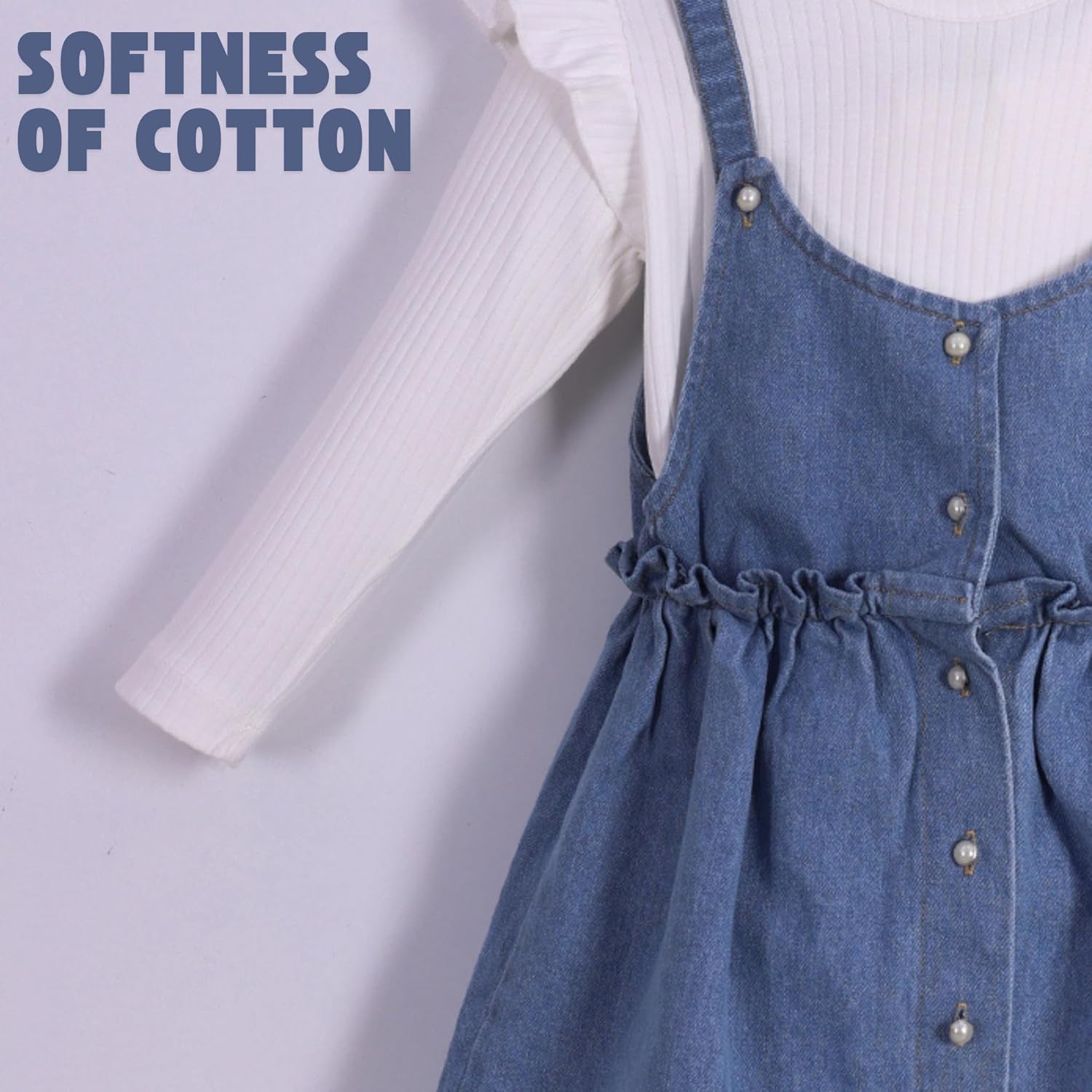 POLLİTO Set for Girls Denim Pinafore Dress and Sweatshirt | Ruffled Sweatshirt and Denim Pinafore Dress | Outfits for Girls - Image 6