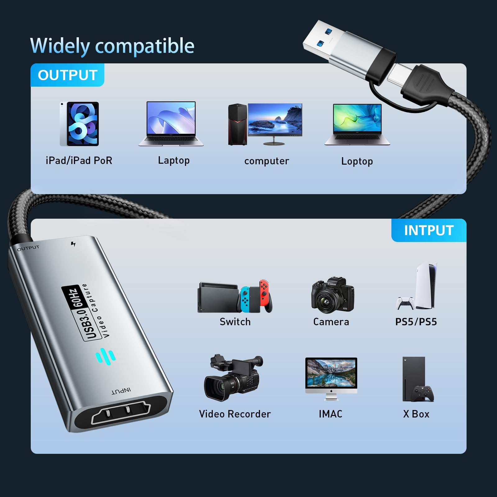 Papeaso Tarjeta de captura de video USB 3.0, tarjeta de captura HDMI a USB-A/C con PD, 1440P 30 fps y captura de video 1080P 60 fps, para transmisión, enseñanza, juegos, videoconferencia o transmisión