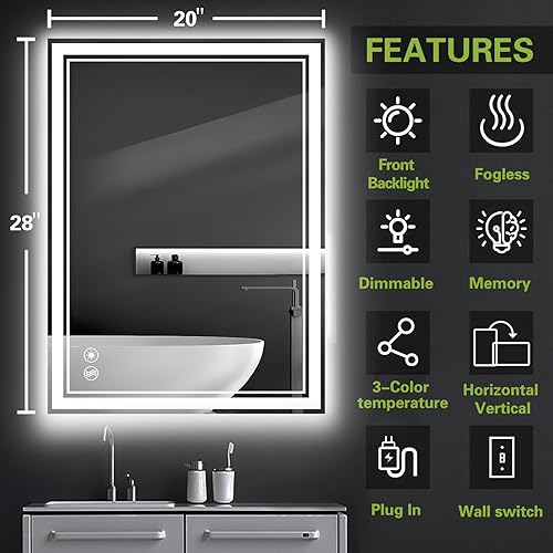 Miniatura 3 de Espejo LED de 20 x 28 pulgadas para baño, espejo de baño antivaho con luces LED regulables, 3 colores, espejo de baño LED, espejo de tocador con