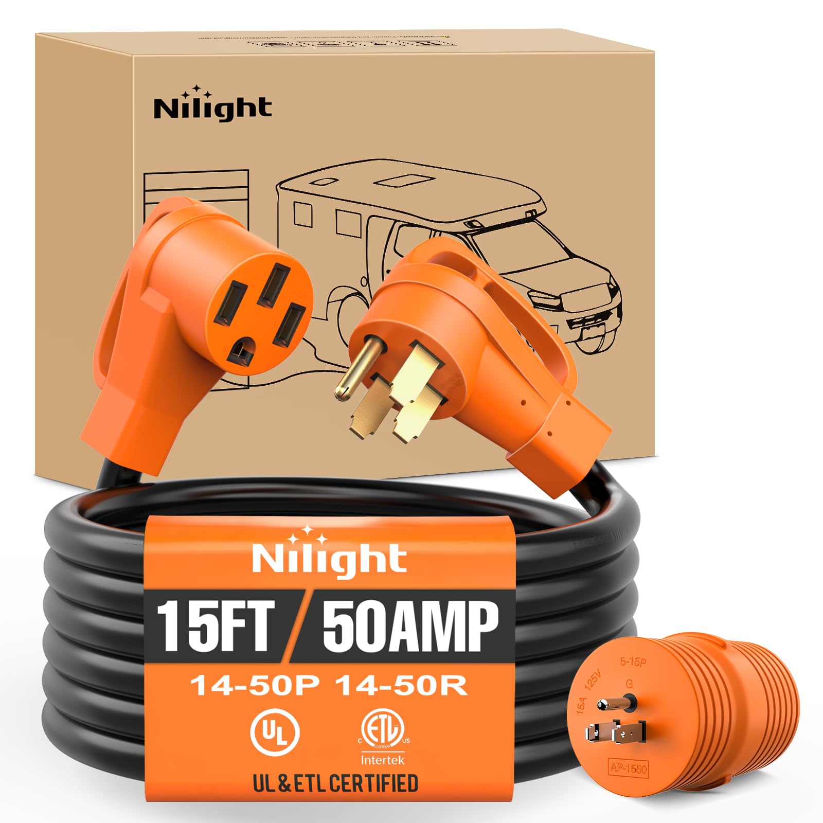 Nilight 15FT 50 Amp RV Extension Cord with Adapter 6/3+8/1 Gauge
