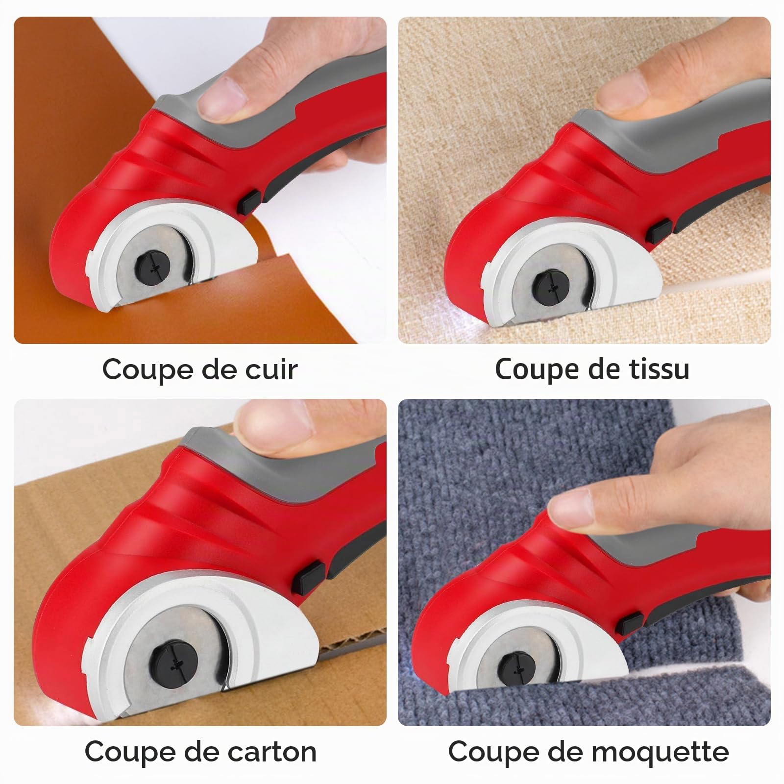 Cisailleuse électrique en carton, cisaille électrique 2000 mAh, cisaille électrique 4,2 V avec disjoncteur de sécurité, pour tissus, tapis, cuir (rouge)
