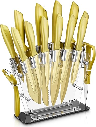 Juego de cuchillos de cocina de acero inoxidable de alto carbono, color dorado, hoja de revestimiento de titanio, sin óxido y súper afilados, con