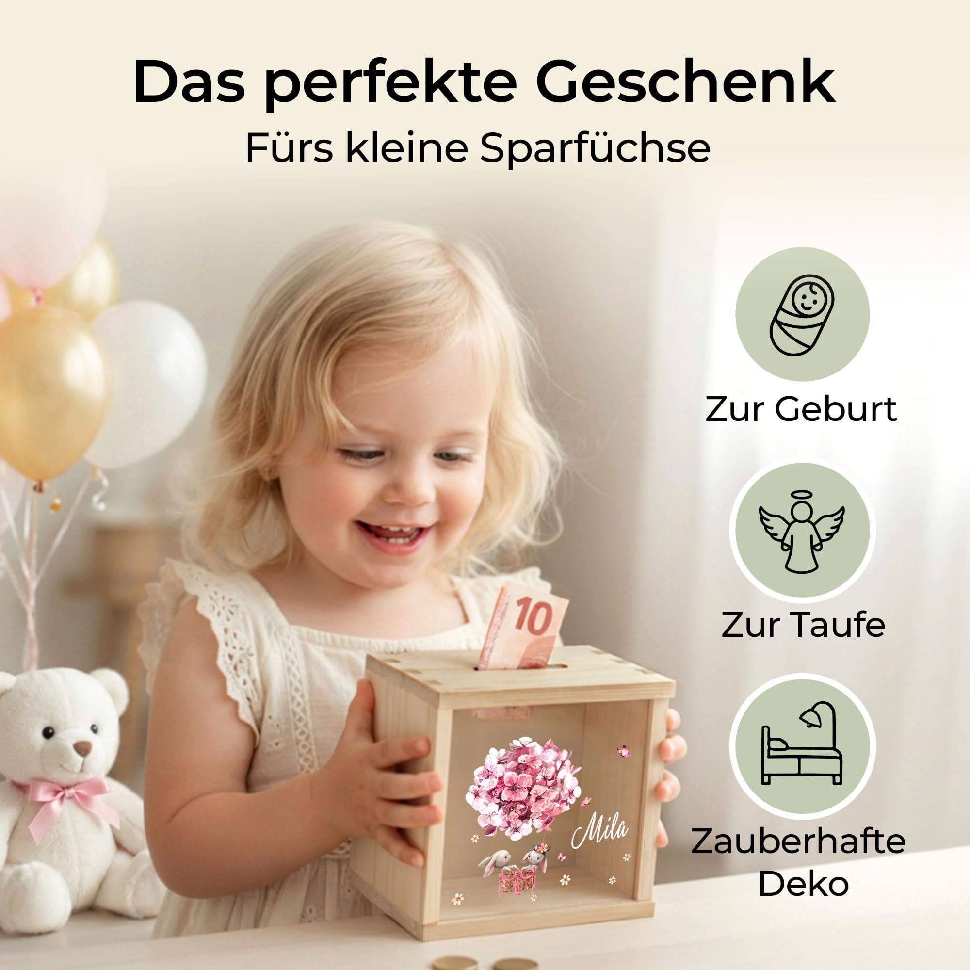 Little-Deco Spardose, Geldkassette, Sparbox, Geld sparen, Sparschwein Kinder, personalisierte Geschenke Kinder, personalisierte Spardose, Holzspardose, Taufgeschenke, Geschenk zur Geburt, 15x15cm