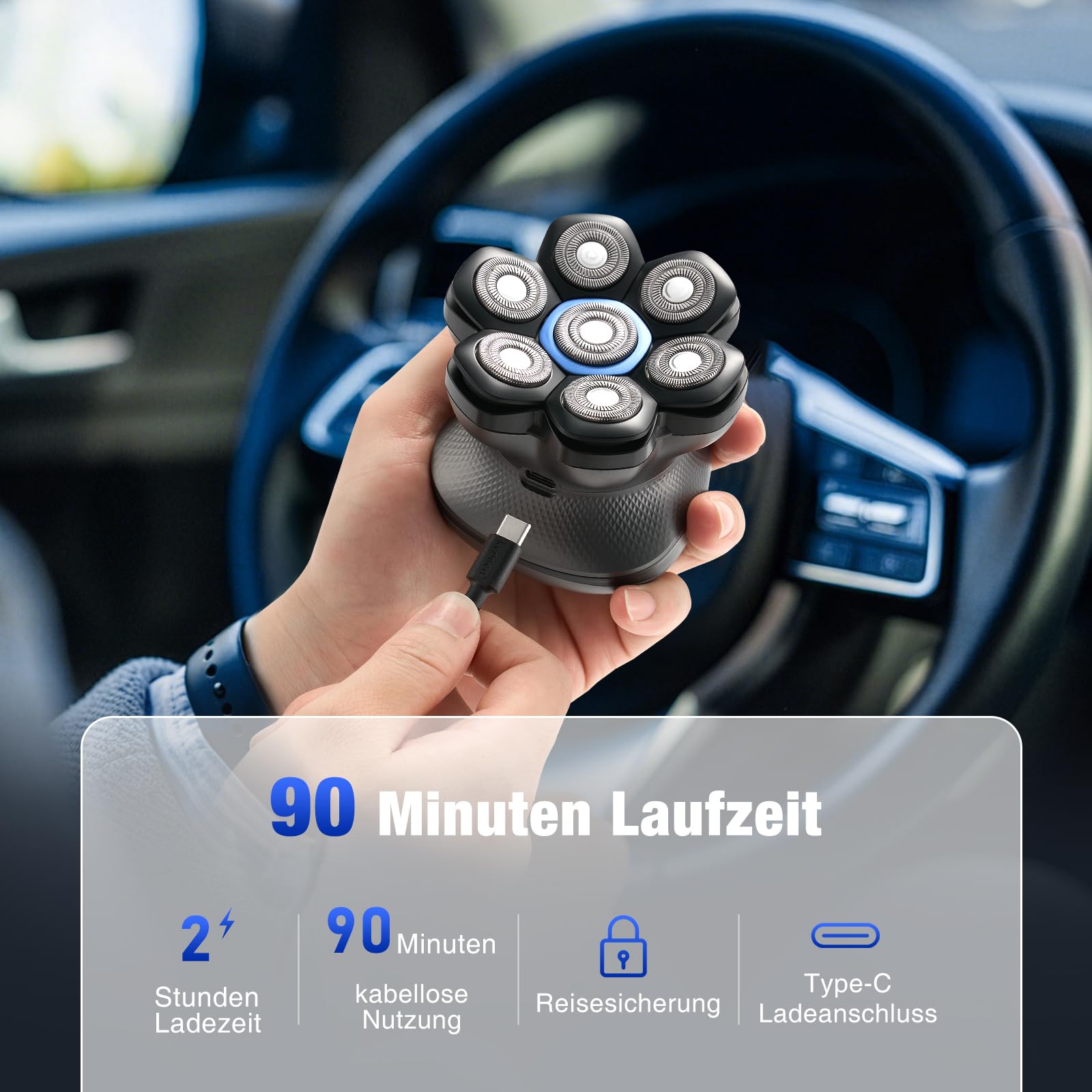Glatzen Rasierer Herren, kensen Kopfrasierer Glatze 7D Bold Shaver Magnetische Head Shaver Trocken Und Nass Bald Shaver Typ-C Akku Kopfrasierer Herren Elektrisch Wasserdicht Glatzenschneider 2 Stufen