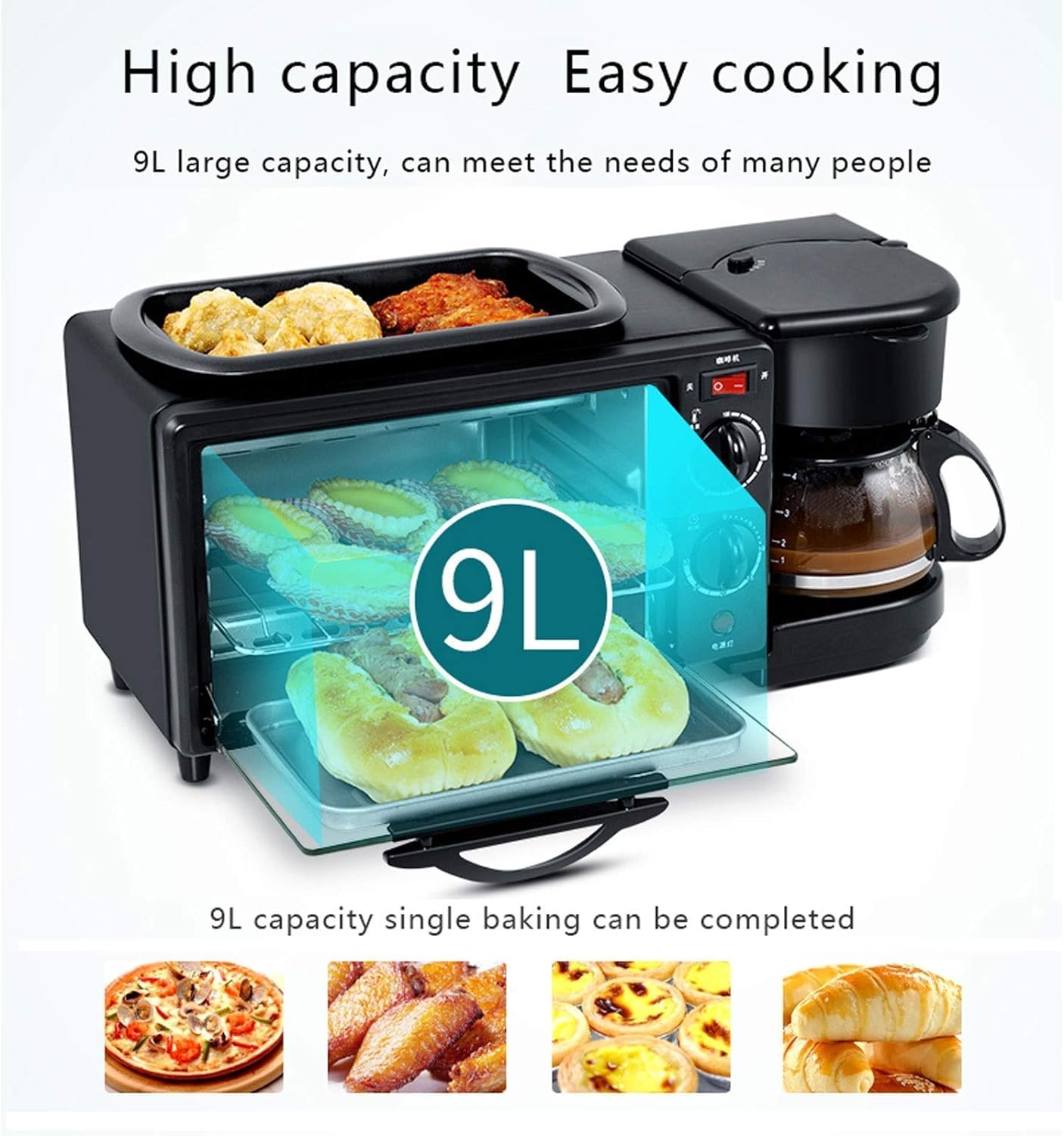 Stacja Śniadaniowa 3 W 1, Wielofunkcyjna Maszyna Śniadaniowa 9 L Z Czajnikiem 600 Ml, Minutnik 30-minutowy, Regulacja Temperatury Od 100 ℃ Do 230 ℃, Opiekacz Do Kanapek Jajecznych, Mini Toster