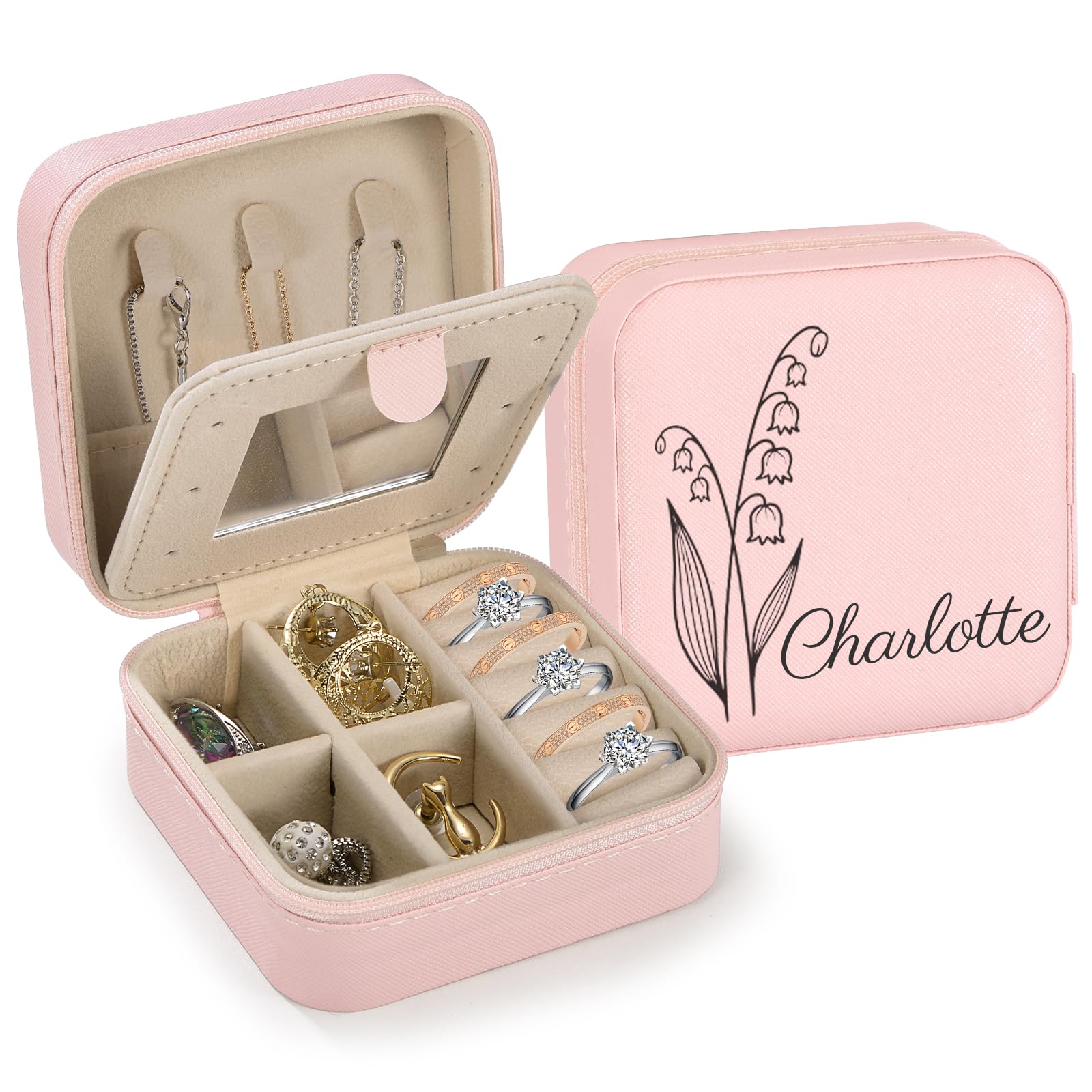 Personalized Jewellery Box - Customized Name & Birth Flower Travel Jewellery Box, Mini Jewellery Storage Box for Rings, Earrings, Bracelets, Necklaces, Suitable for Women, Wife, Mothers
