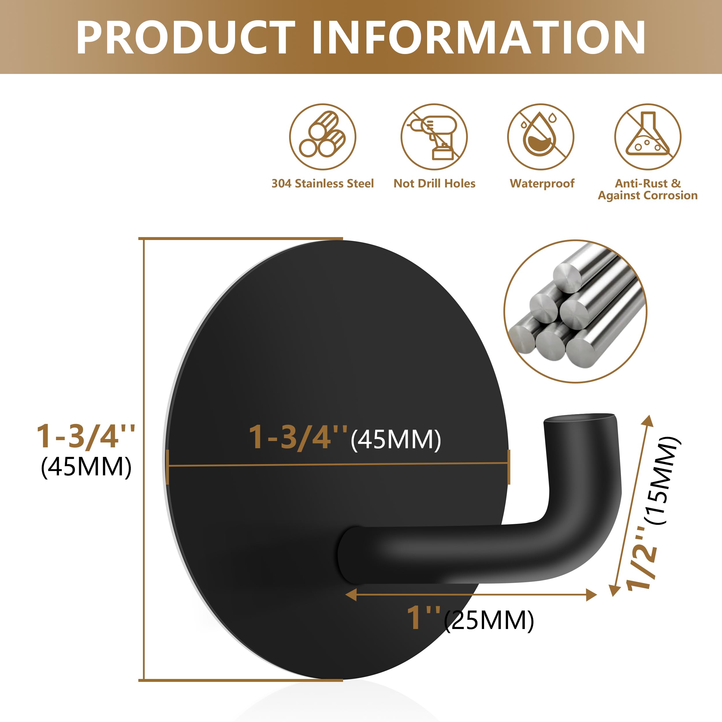 4-Pack Stainless Steel Adhesive Hooks - 12lb Heavy Duty No-Drill Wall Hooks For Bathroom & Kitchen