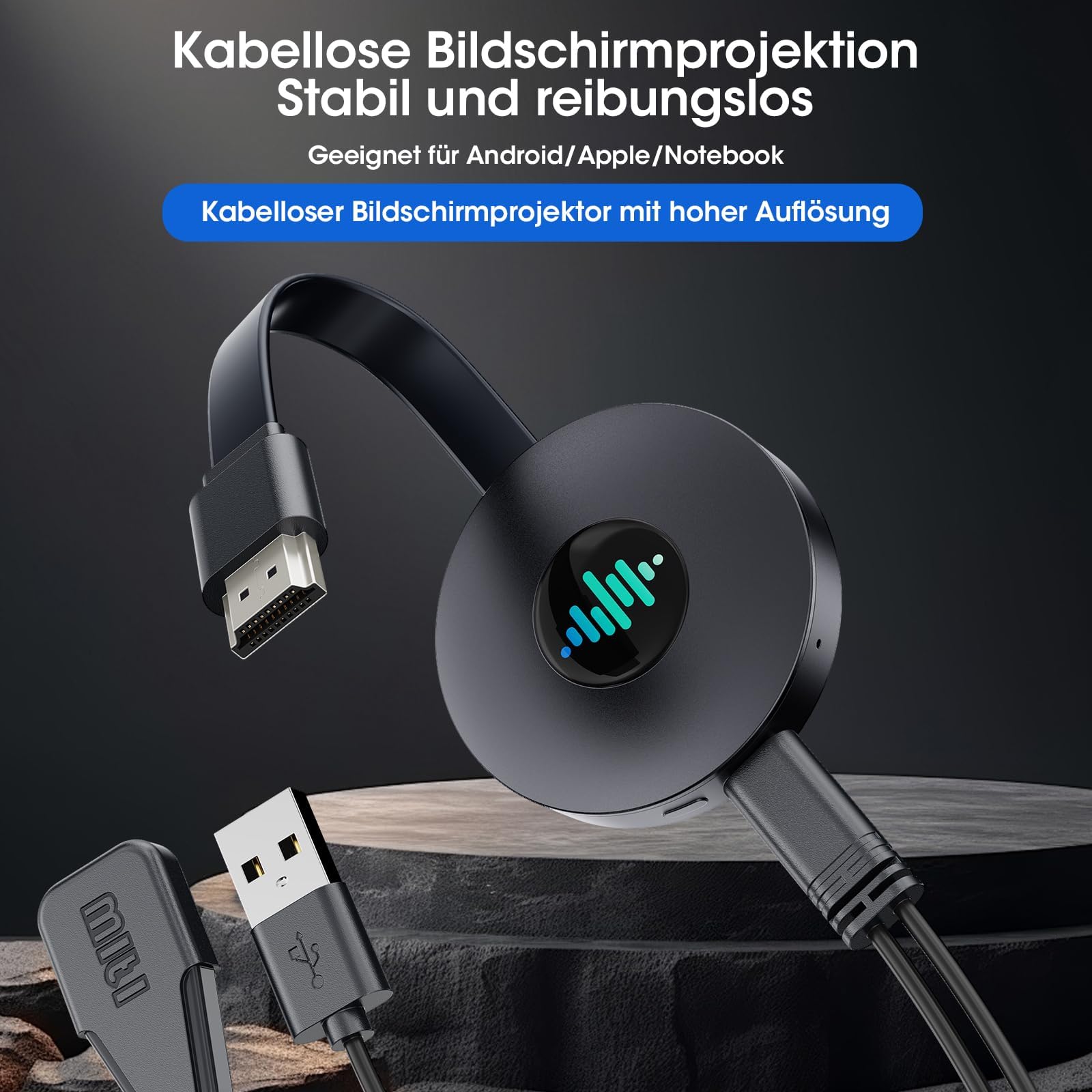 5G Wireless HDMI Adapter, 4K Miracast Dongle mit Screen Mirror, Miracast/Airplay/DLNA Screen Mirroring für i-Phone/Android/iOS zu TV/Monitor/Laptop/Tablet, Plug & Play (Kohleschwarz)