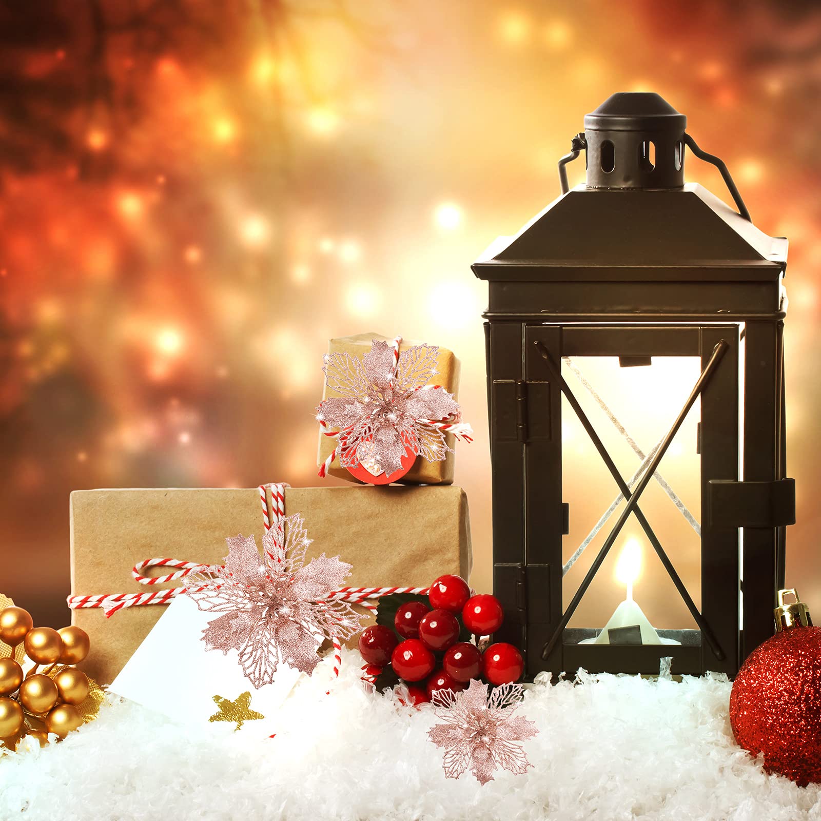 Boao 24 sztuki Boże Narodzenie brokat sztuczne kwiaty wilczomleja Boże Narodzenie kwiaty dekoracje ślub choinka ozdoby noworoczne (różowe złoto) (Boao-Ornaments-BA5341)