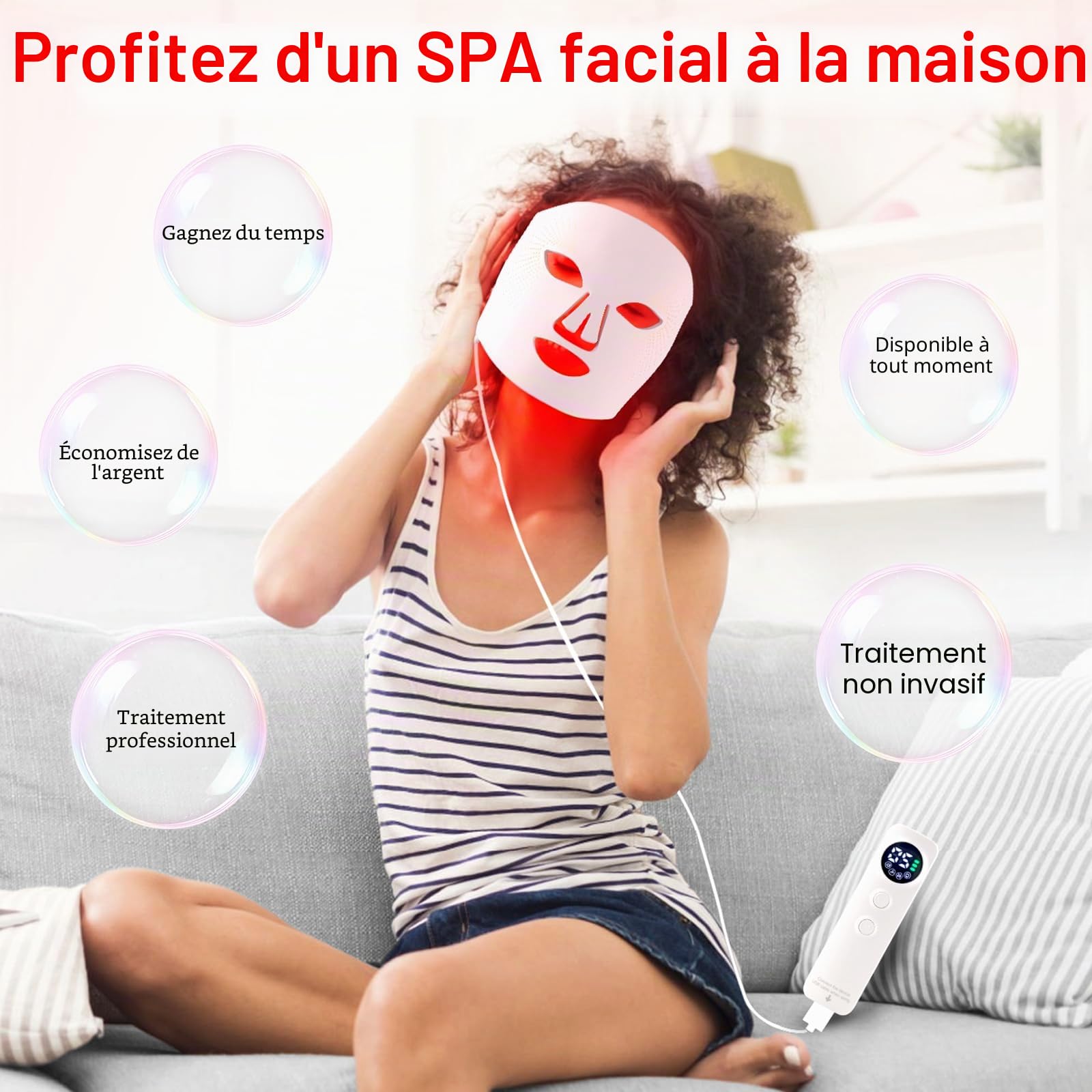Masque Led Visage Luminothérapie, 3 Couleurs Masque Led Masque Visage, Masque Facial LED Convient à Tous Les Types De Peau Aux Soins Du Visage Rose