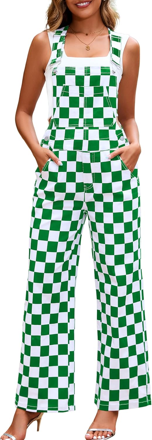 Overalls for Women Loose Fit Jumpsuits Fashion Checkered Straight Leg Pants Stretch Bib Coveralls