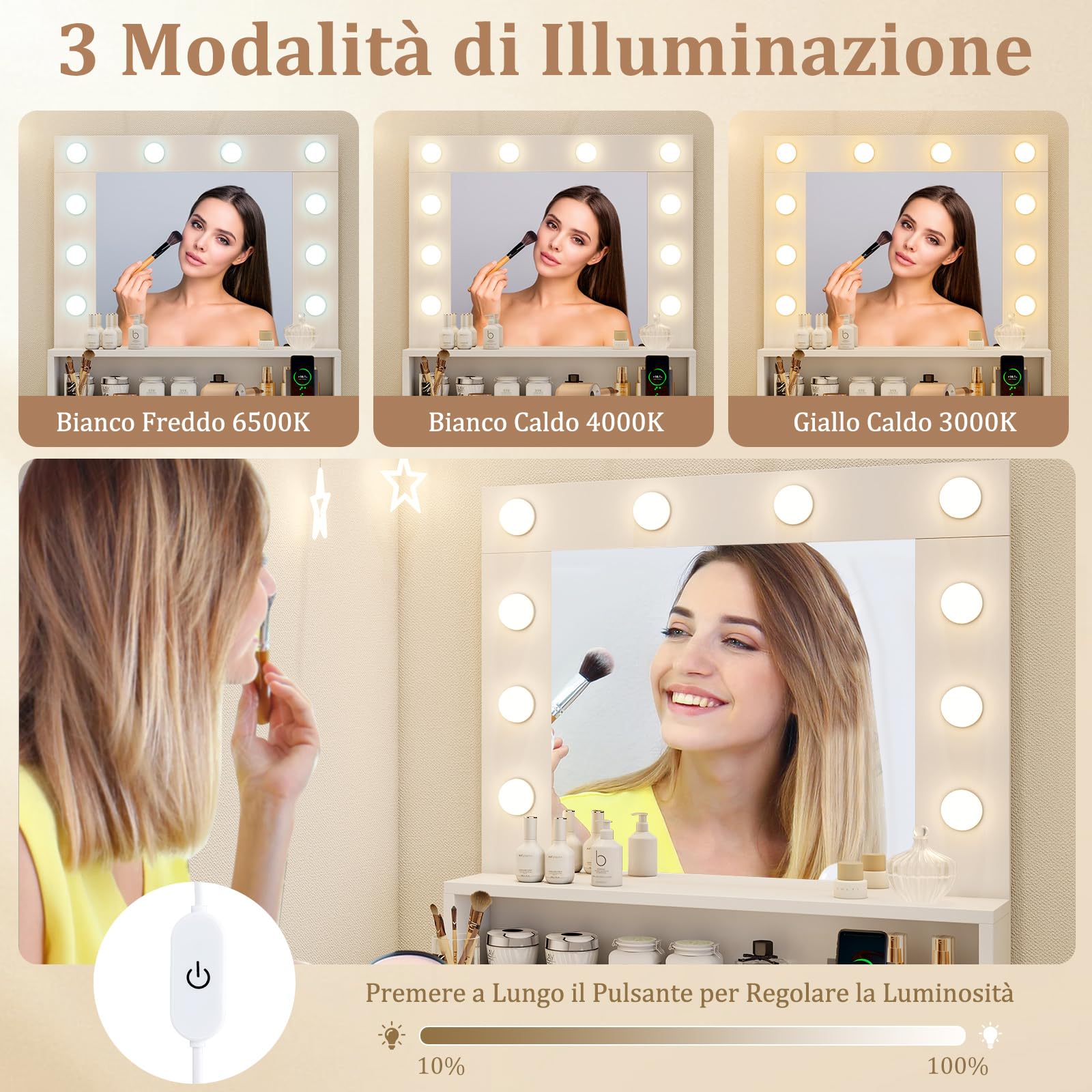RELAX4LIFE Toeletta da Trucco con Luci LED a 3 Colori, Tavolo da Trucco con Stazione di Ricarica e Cassetto, Postazione Trucco per Camera da Letto, 66 x 40 x 136 cm, Bianco