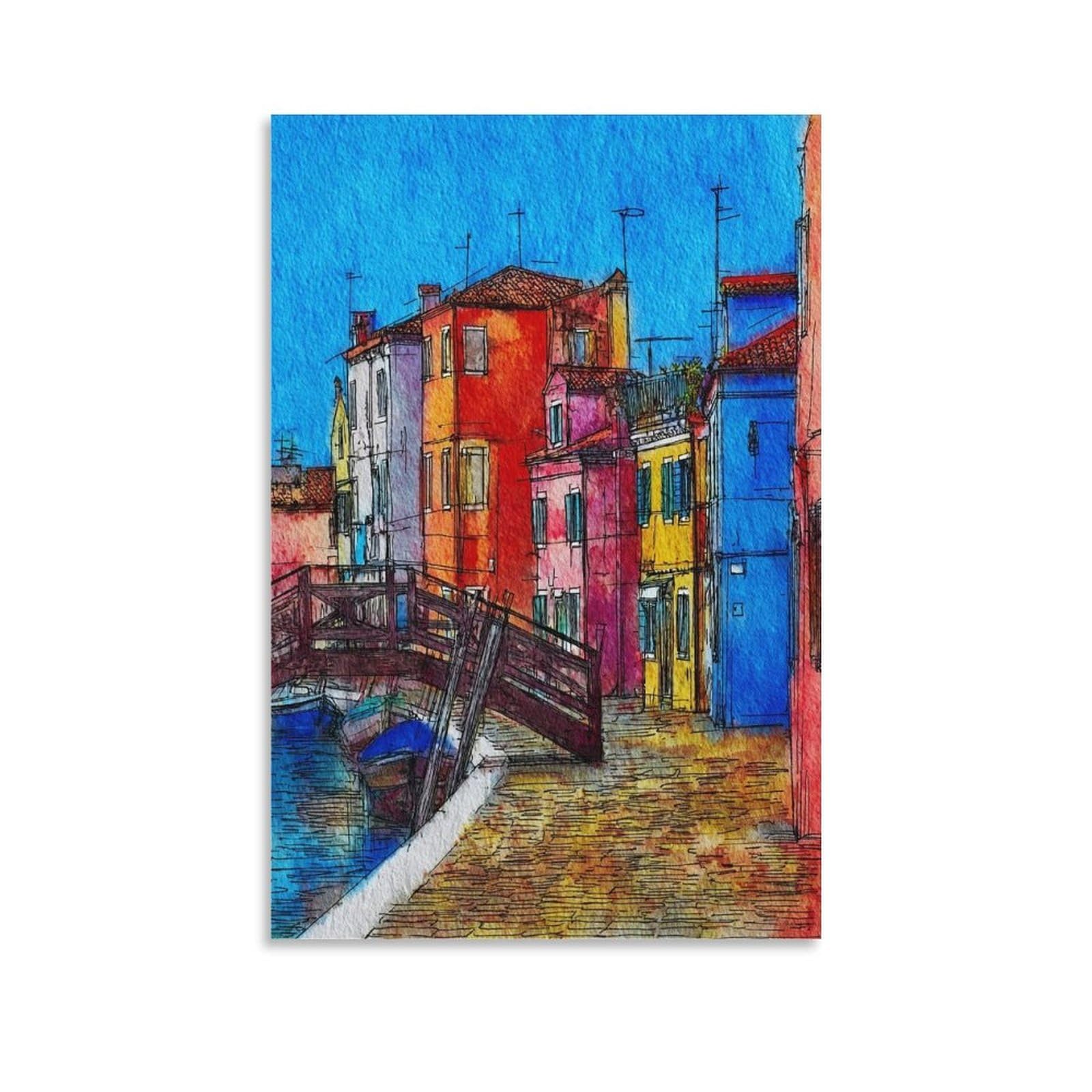 Lcynnh Unframe-Style Burano Italy 08X12inch(20X30cm) Vintage Travel Poster Watercolor Canvas Art